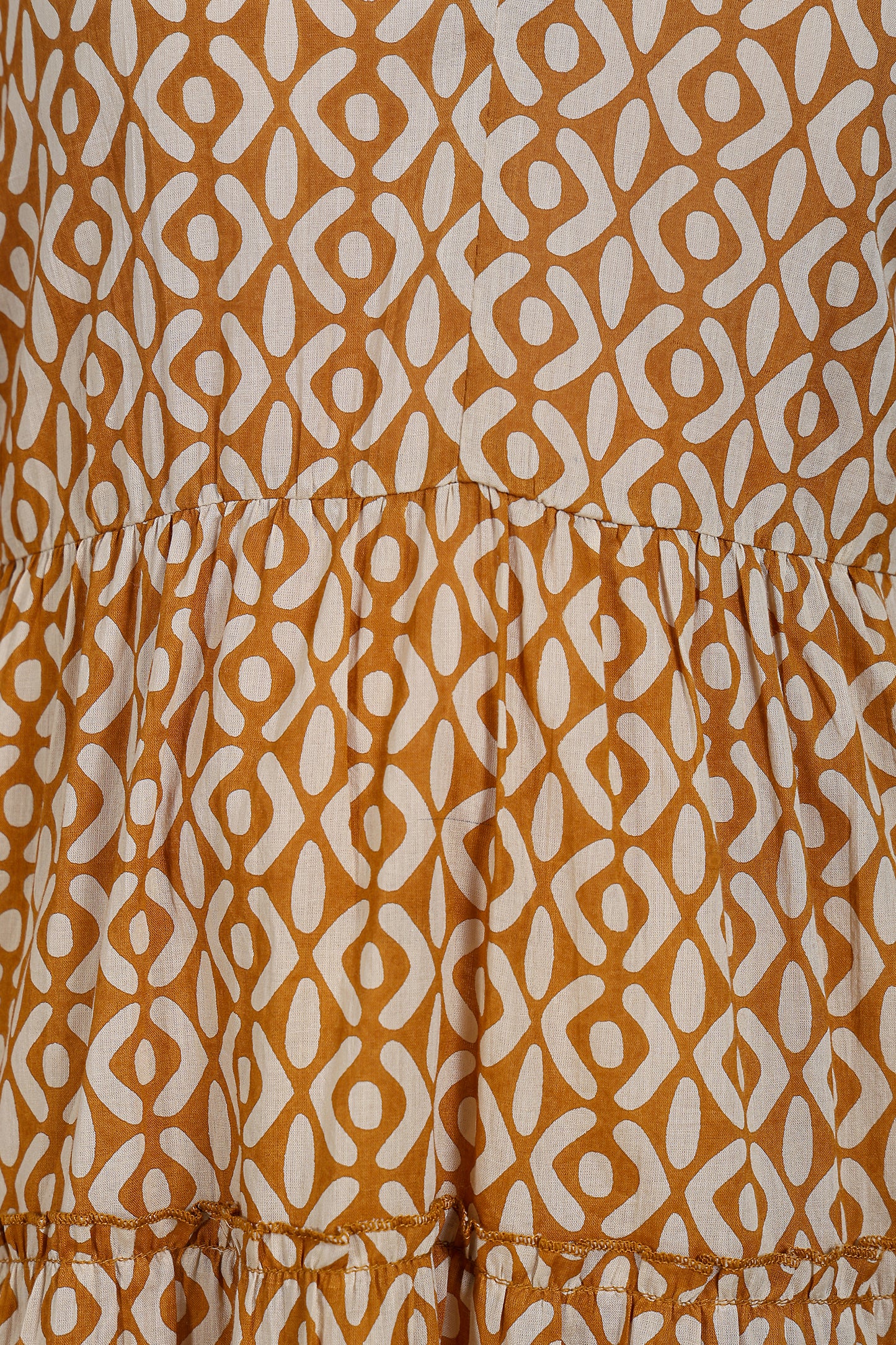 Luxe Three Fourth Sleeve Beige Printed Ruffle Dress