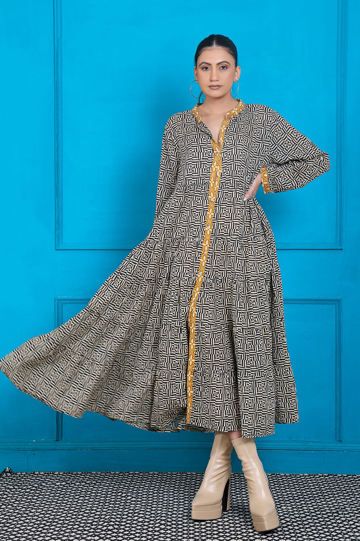 Women Full Sleeve Black Printed Front Placket Dress