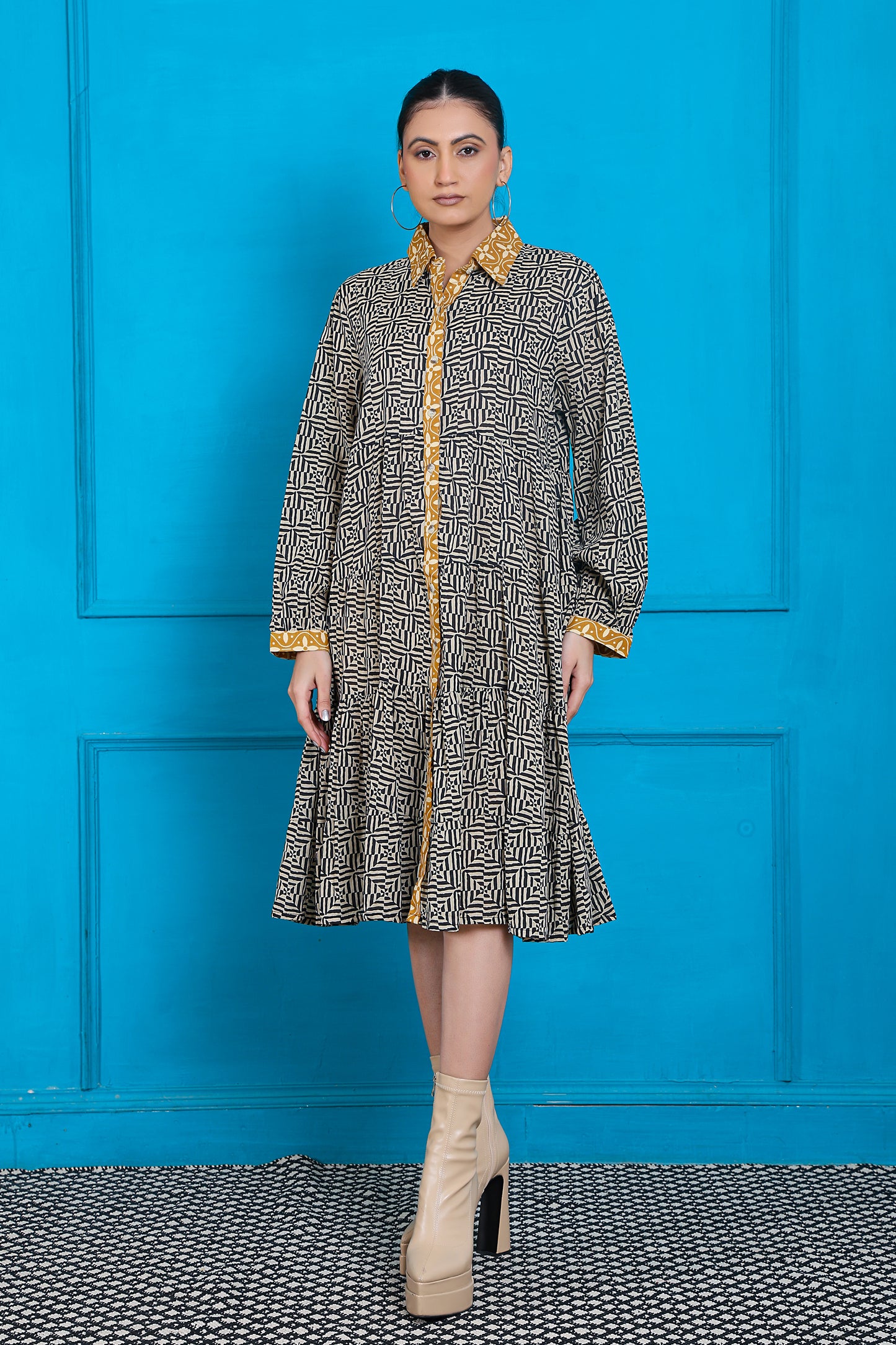 Luxe Full Sleeve Black Printed Yellow Placket Dress