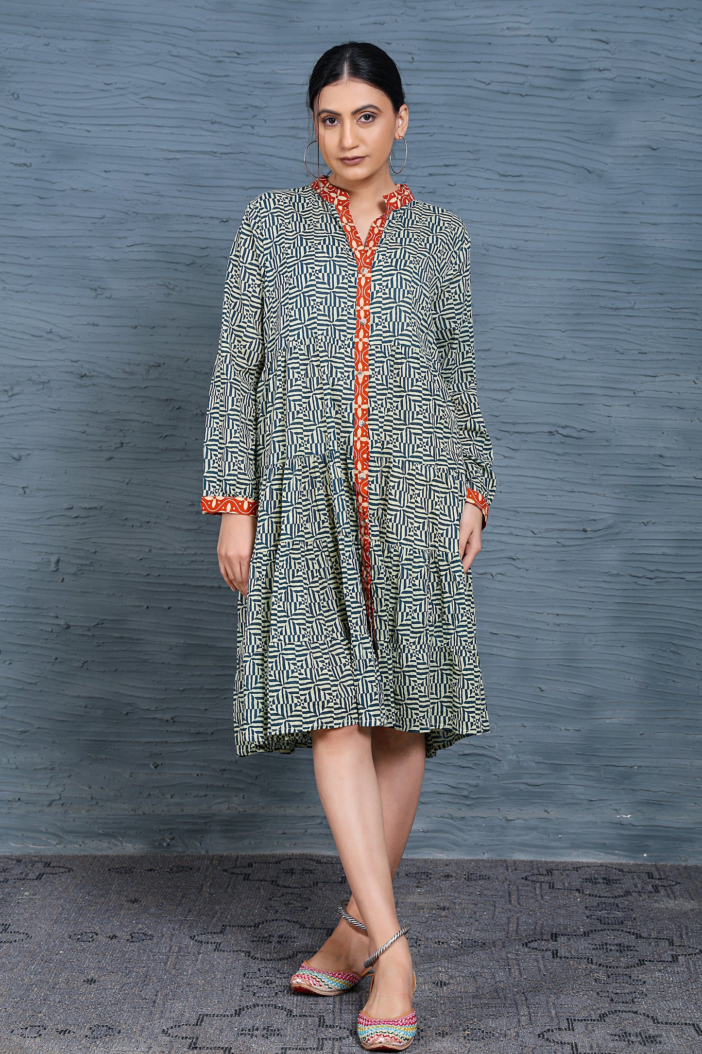 Luxe Full Sleeve Blue Printed Short Dress