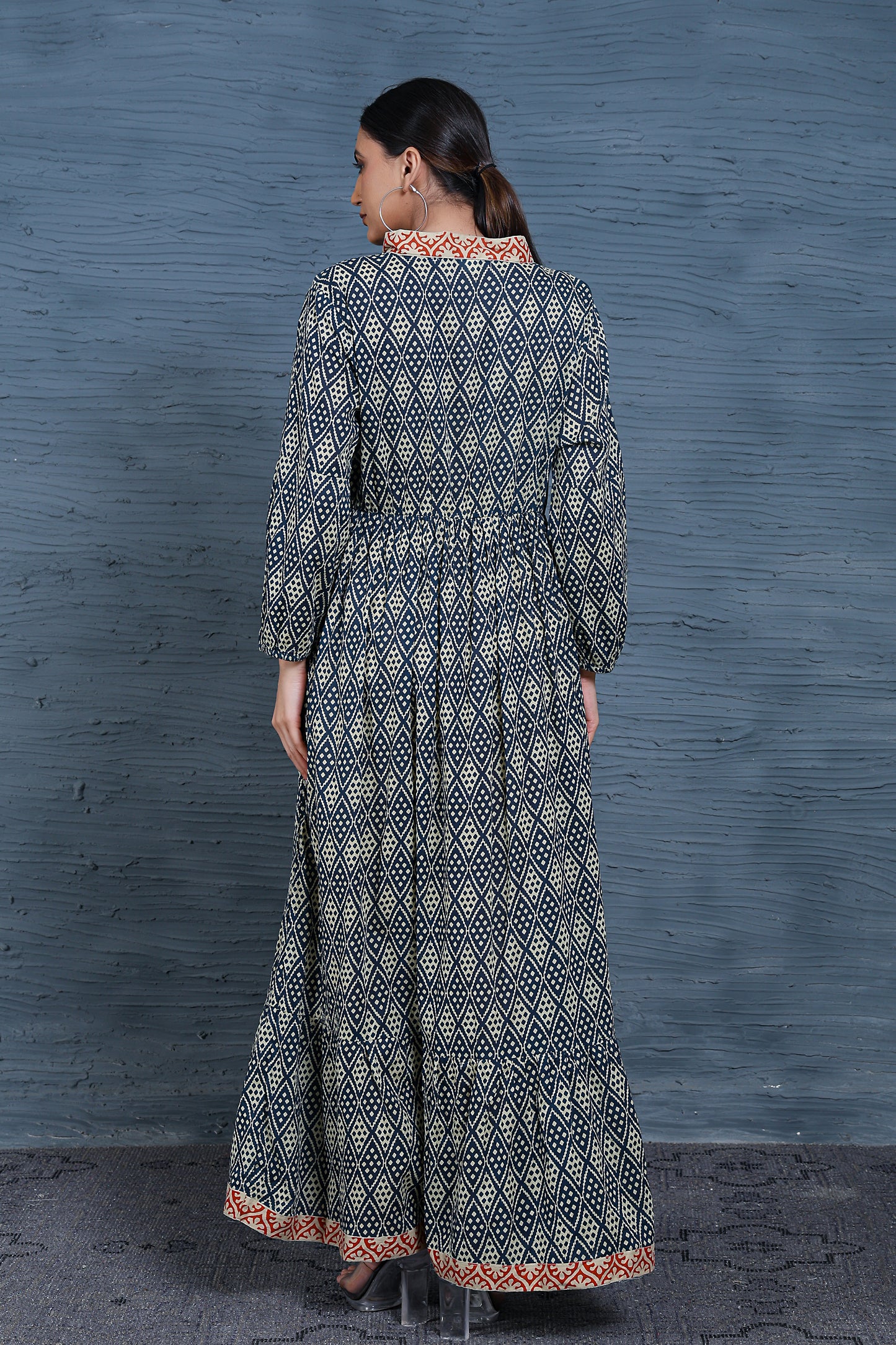 Luxe Full Sleeve Blue Printed Front Tie Up Dress