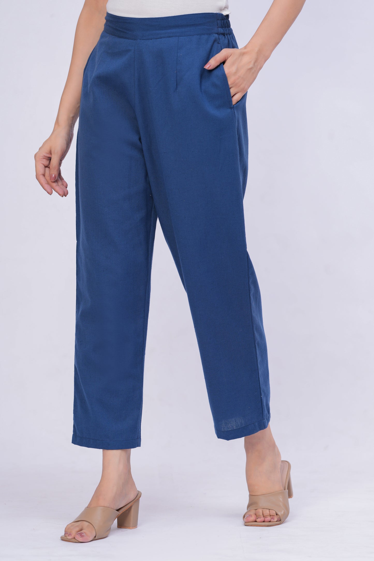 Women Navy Blue Solid Cotton Blend Palazzo Pants | Relaxed Fit Formal/Casual Bottoms