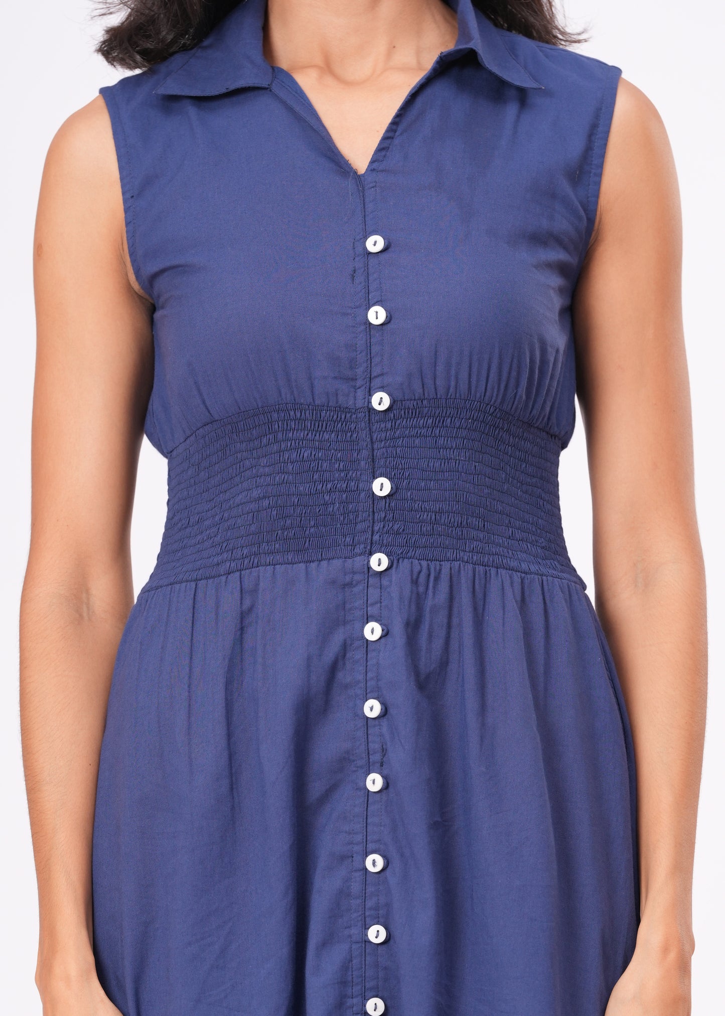 Western Blue Midi Dress | Sleeveless | Button Down | Shirred Waist | A-Line | Summer
