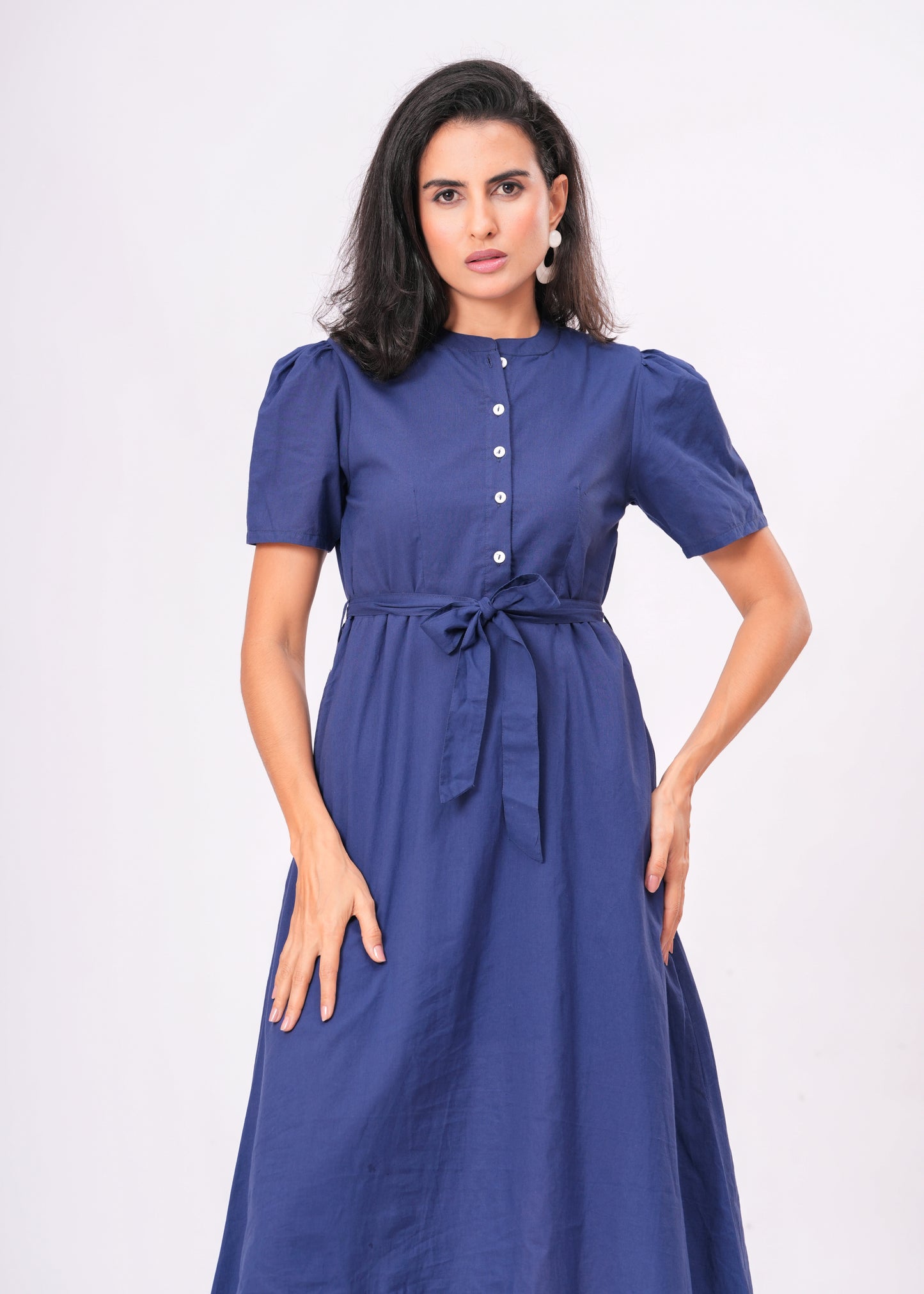 Solid Blue Puff Sleeve Midi Dress | Cotton A-Line Fit with Button Front & Waist Tie