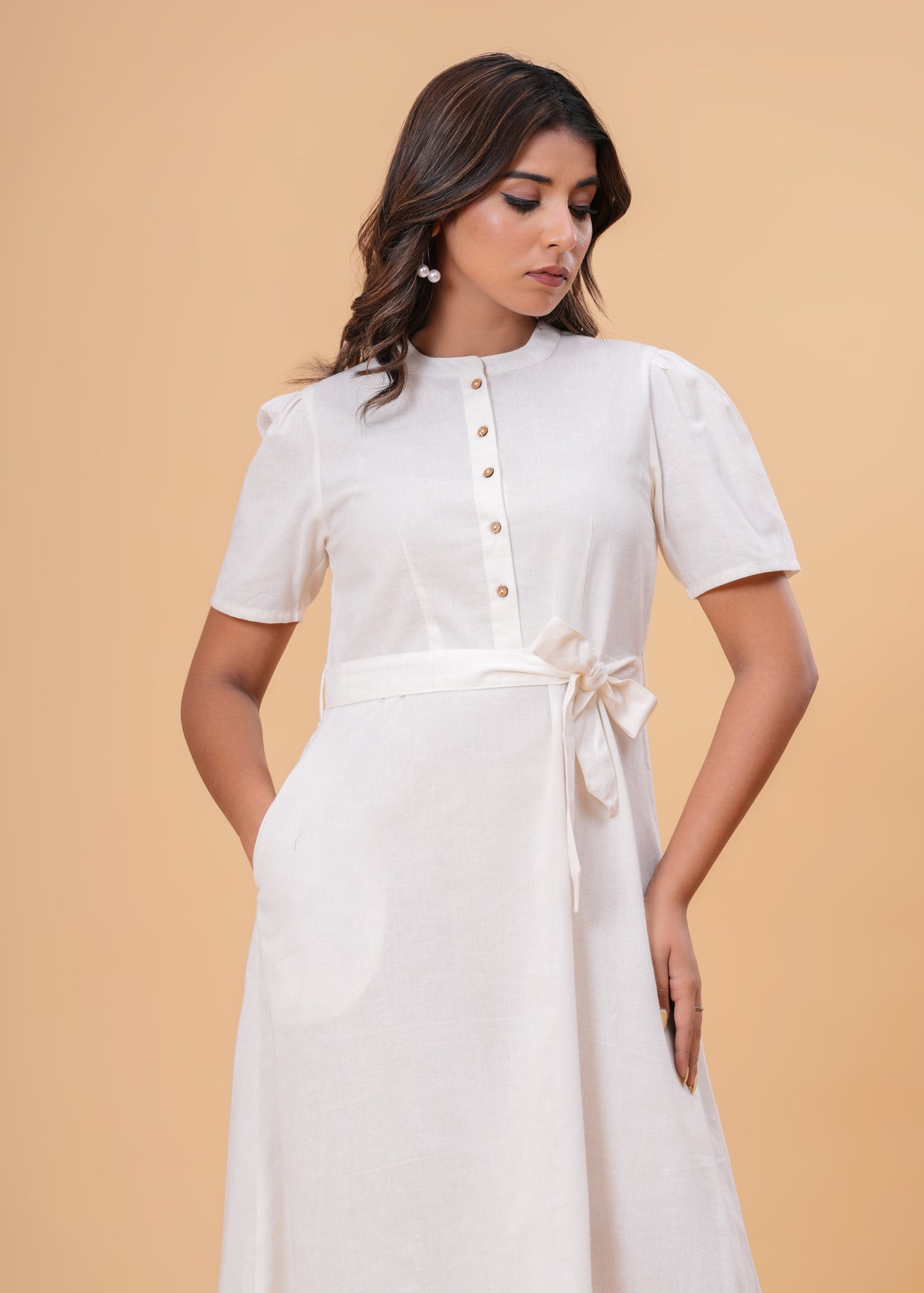 Solid White Puff Sleeve Midi Dress | Cotton A-Line Fit with Button Front & Waist Tie