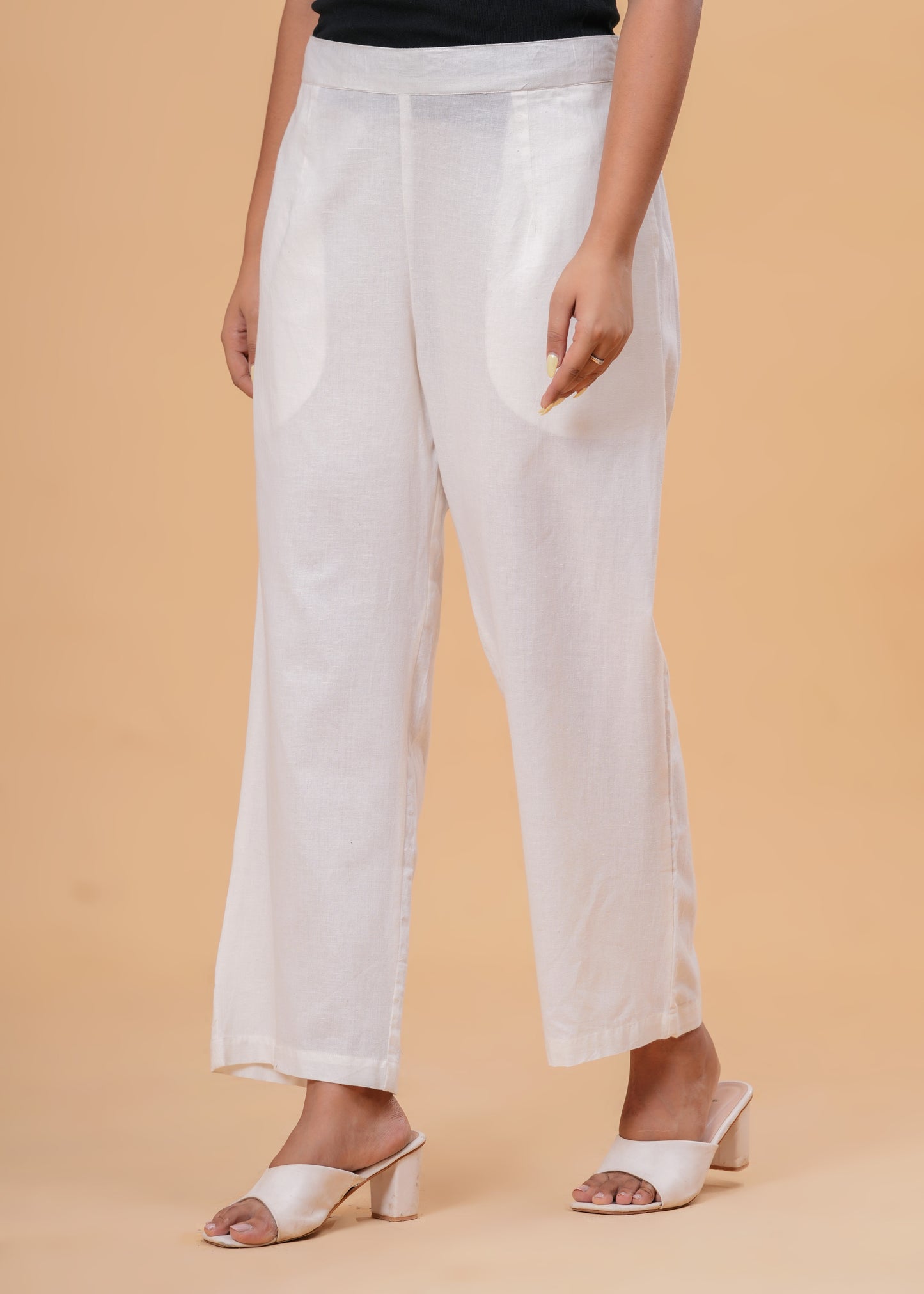 Shimmering White Textured Cotton Blend Palazzo Pants | Relaxed Fit Formal/Casual Bottoms