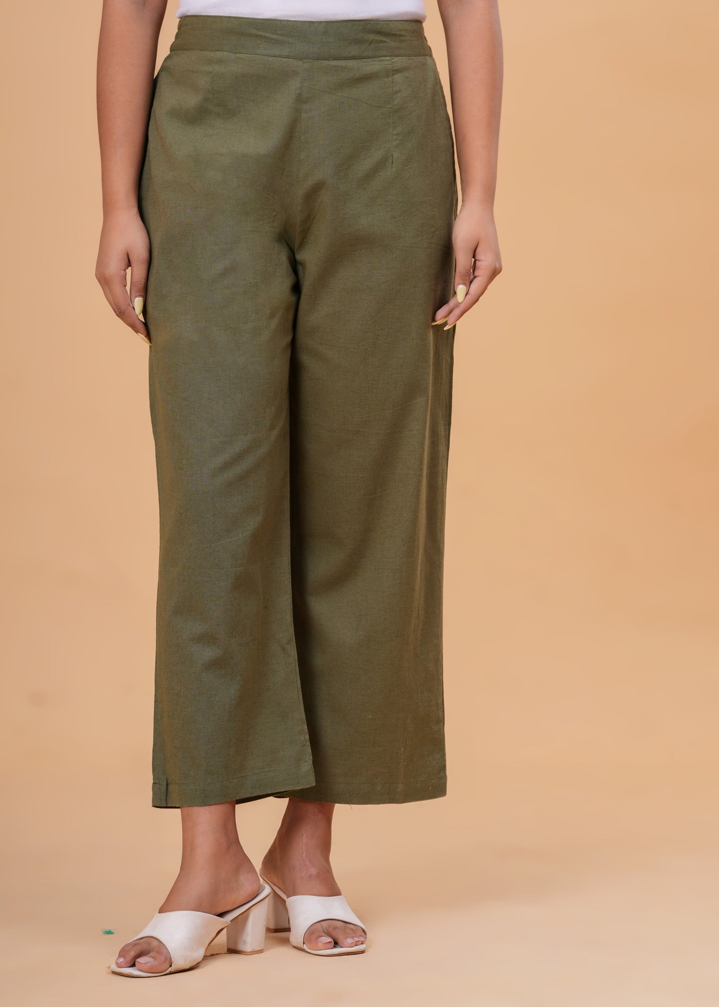 Shimmering Green Textured Cotton Blend Palazzo Pants | Relaxed Fit Formal/Casual Bottoms