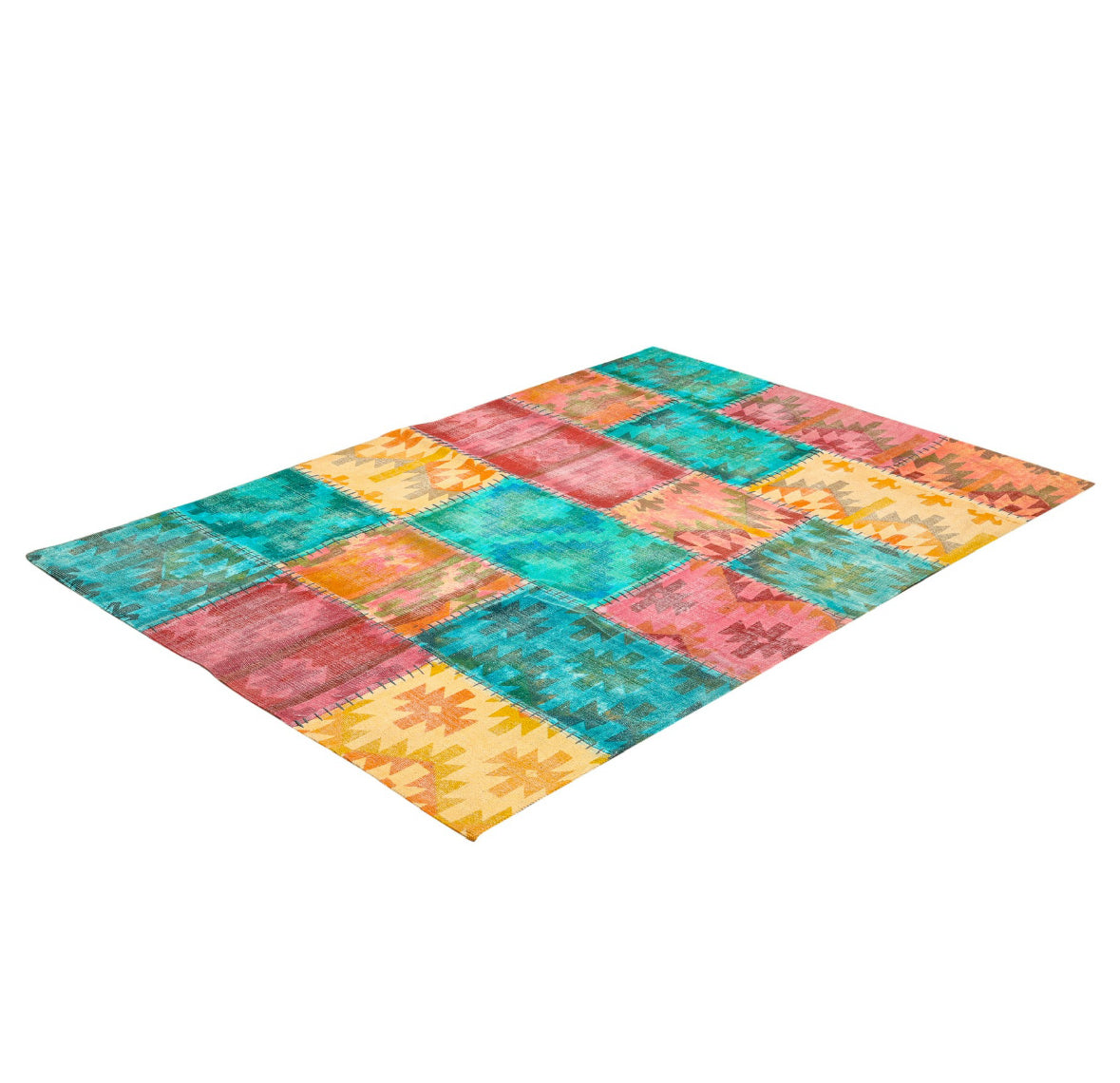 Colorful Patchwork Kilim Rug – Bohemian Multicolor Area Carpet with Tribal Patterns