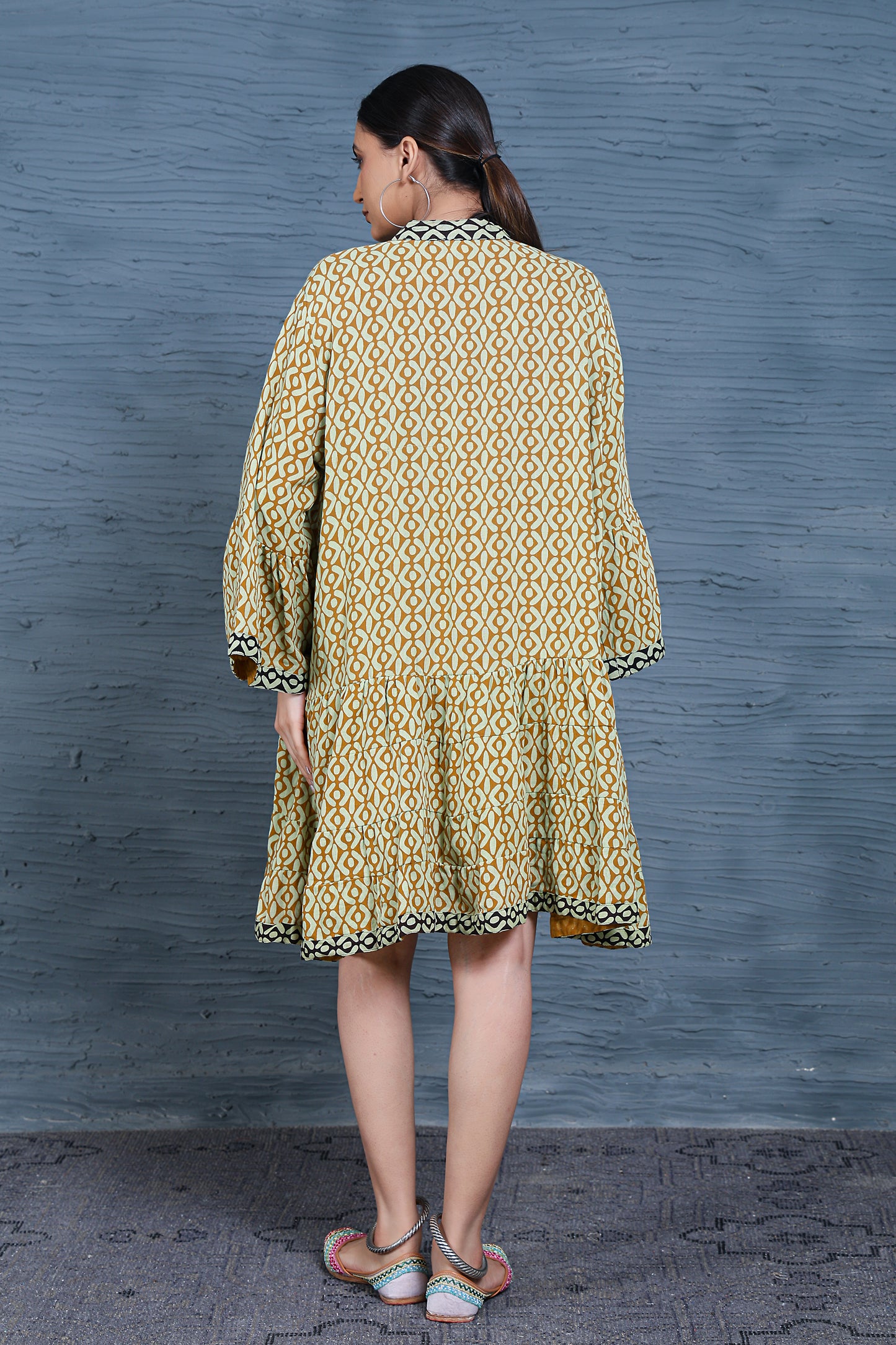 Luxe Full Sleeve Mustard Printed Pintuck Dress