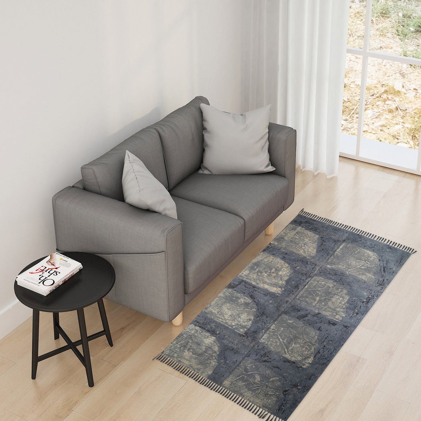 Handwoven Abstract Blue Area Rug with Fringes – Boho Modern Wool Blend Carpet