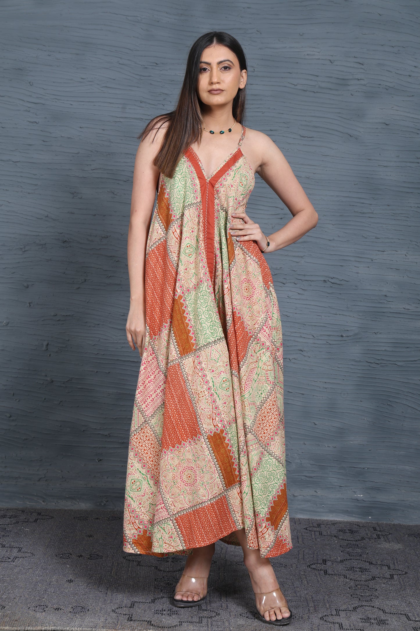 Luxe Sleeve Less Beige Printed Kantha Stitch Dress