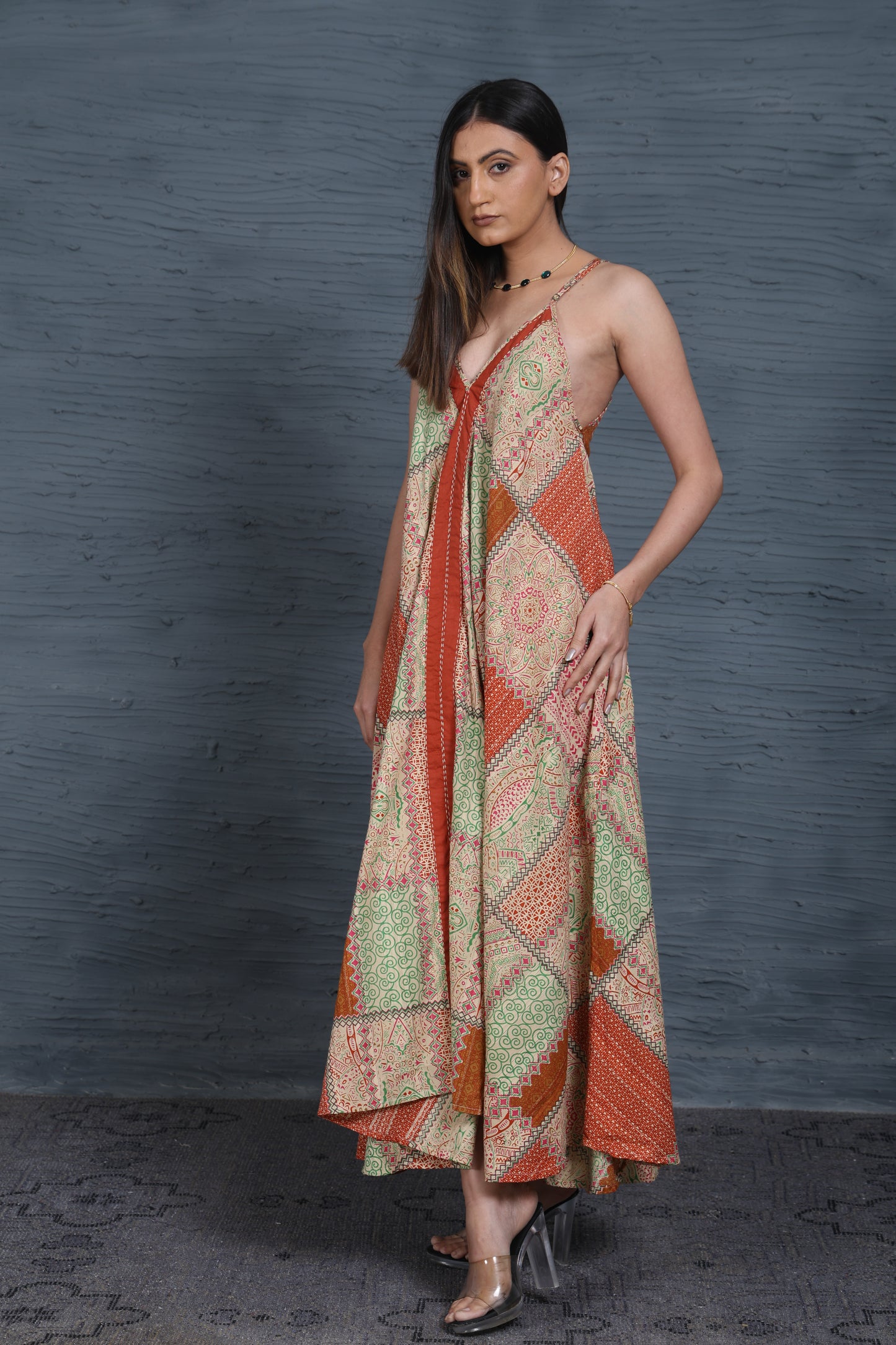 Luxe Sleeve Less Beige Printed Kantha Stitch Dress