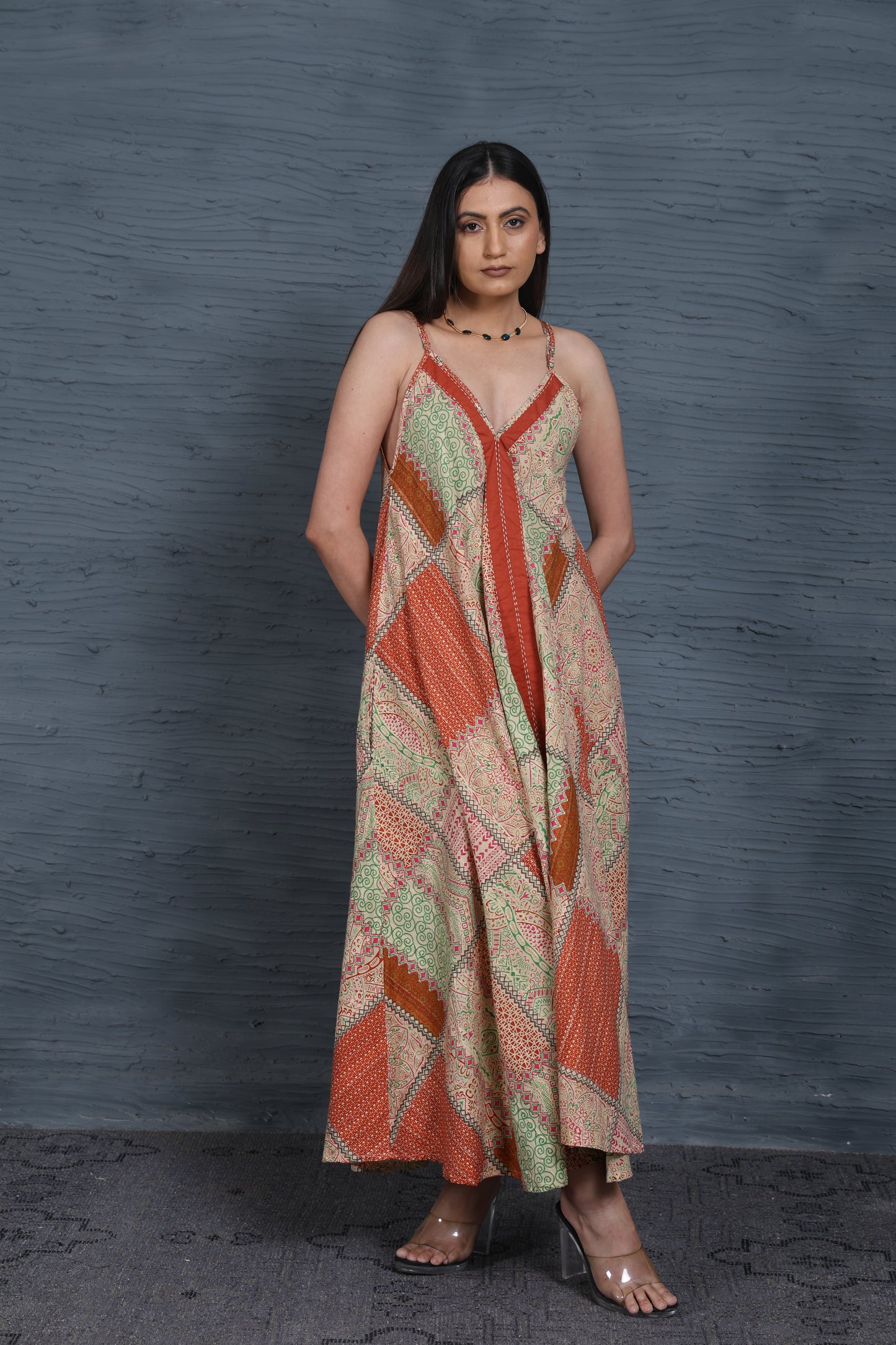 Luxe Sleeve Less Beige Printed Kantha Stitch Dress