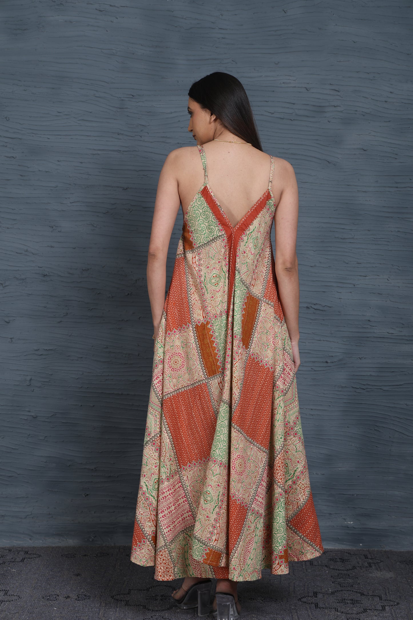 Luxe Sleeve Less Beige Printed Kantha Stitch Dress