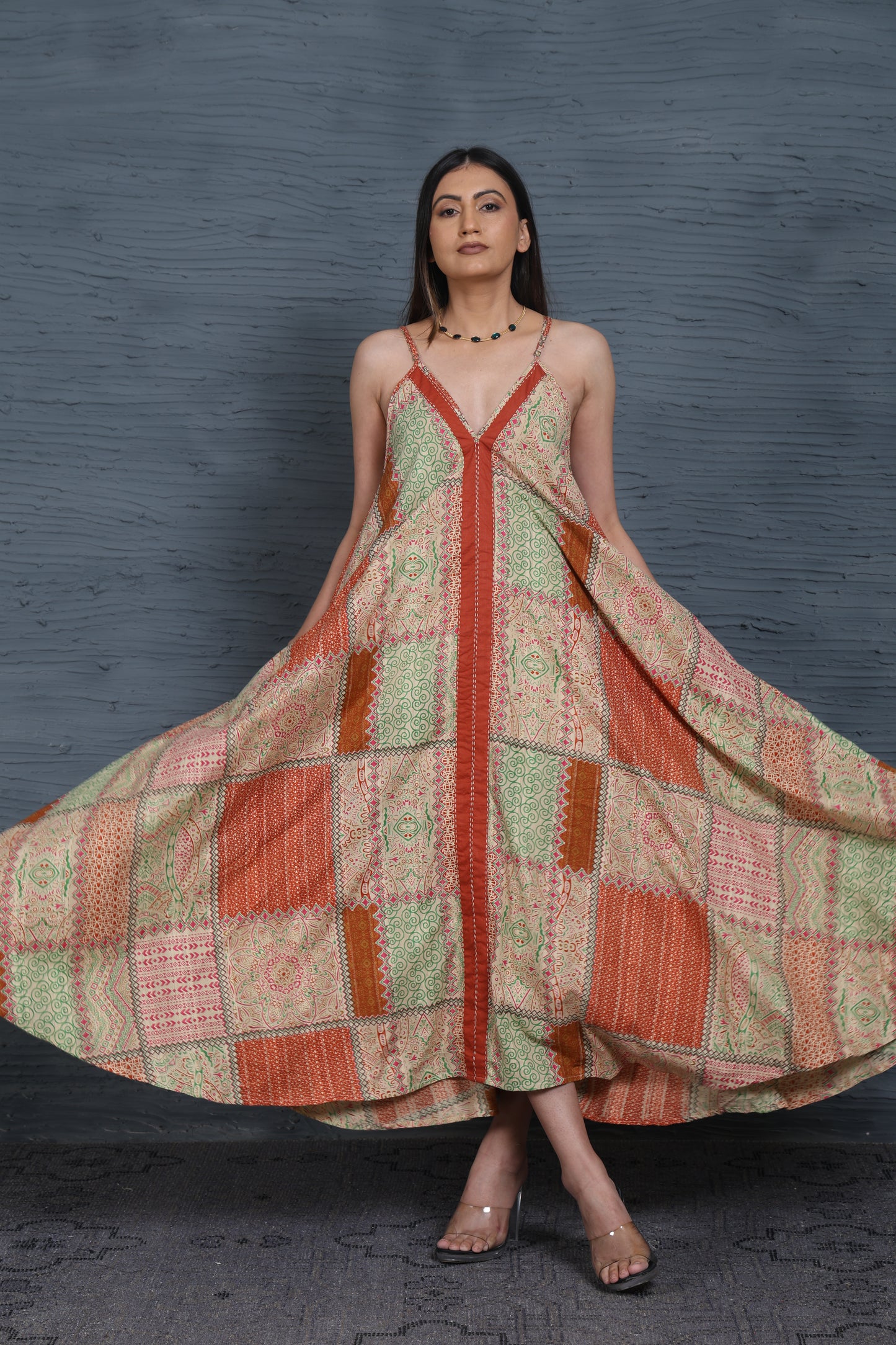 Luxe Sleeve Less Beige Printed Kantha Stitch Dress