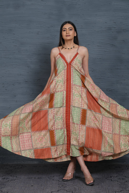 Luxe Sleeve Less Beige Printed Kantha Stitch Dress