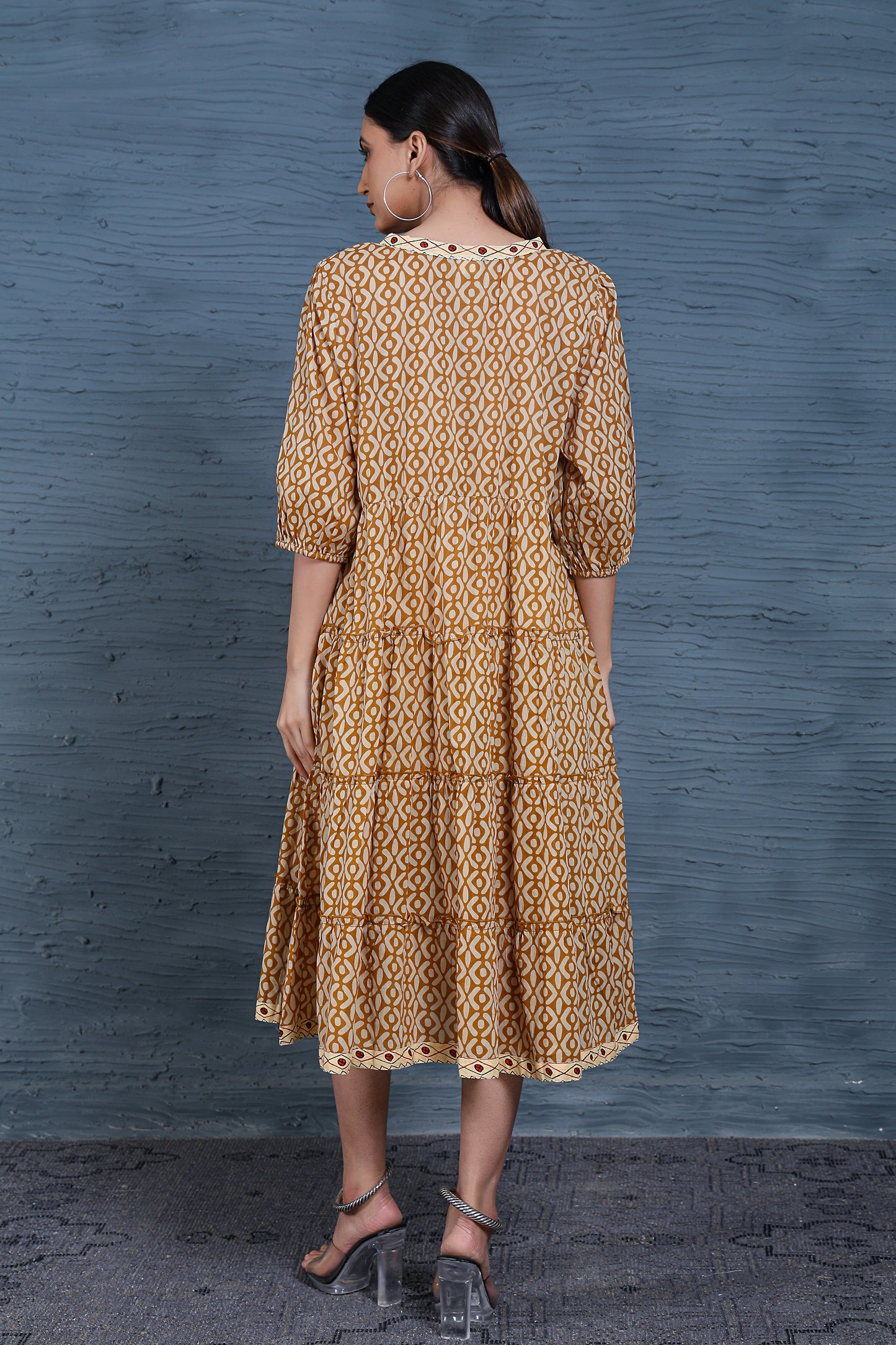 Luxe Three Fourth Sleeve Beige Printed Ruffle Dress