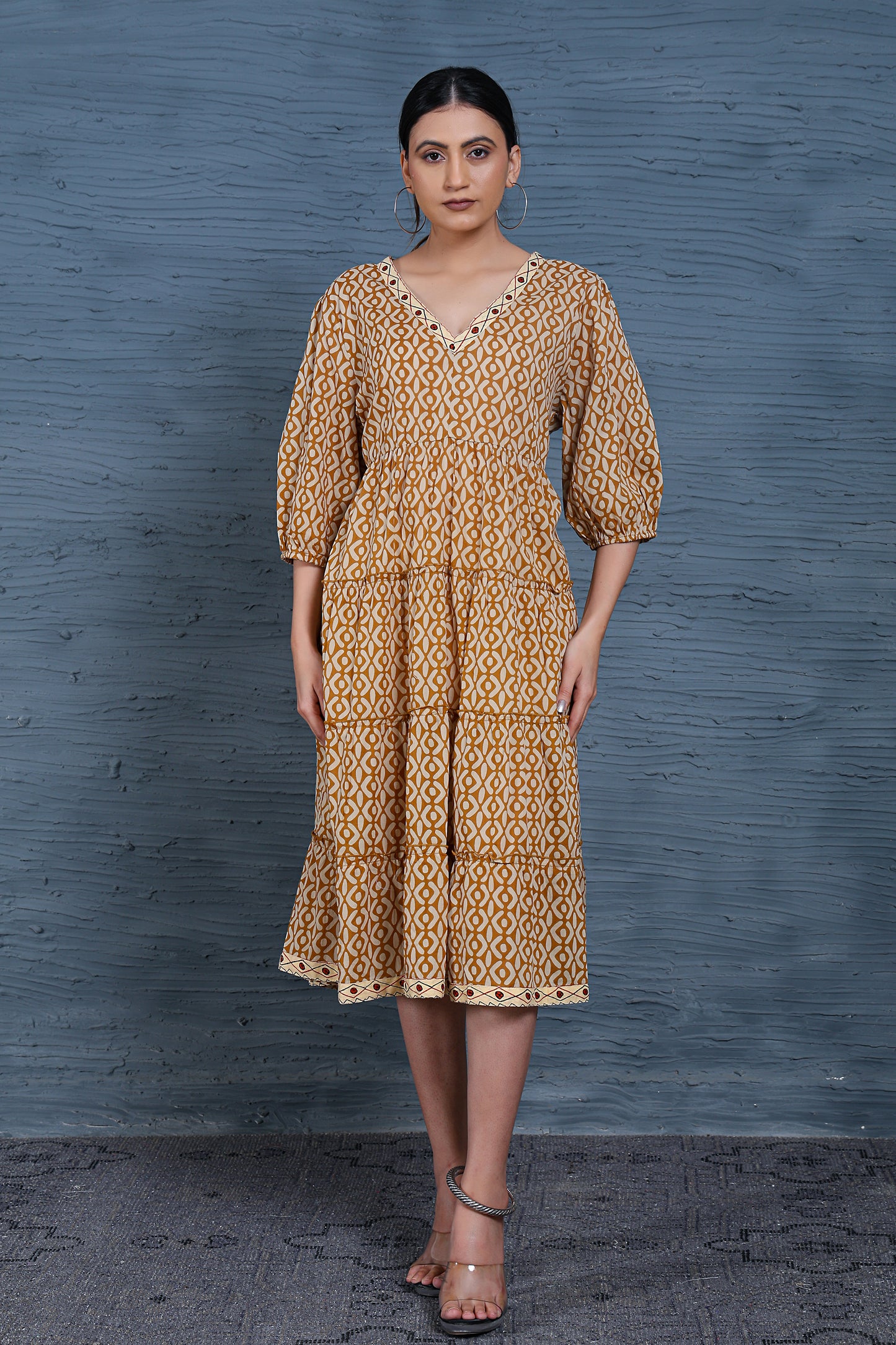 Luxe Three Fourth Sleeve Beige Printed Ruffle Dress