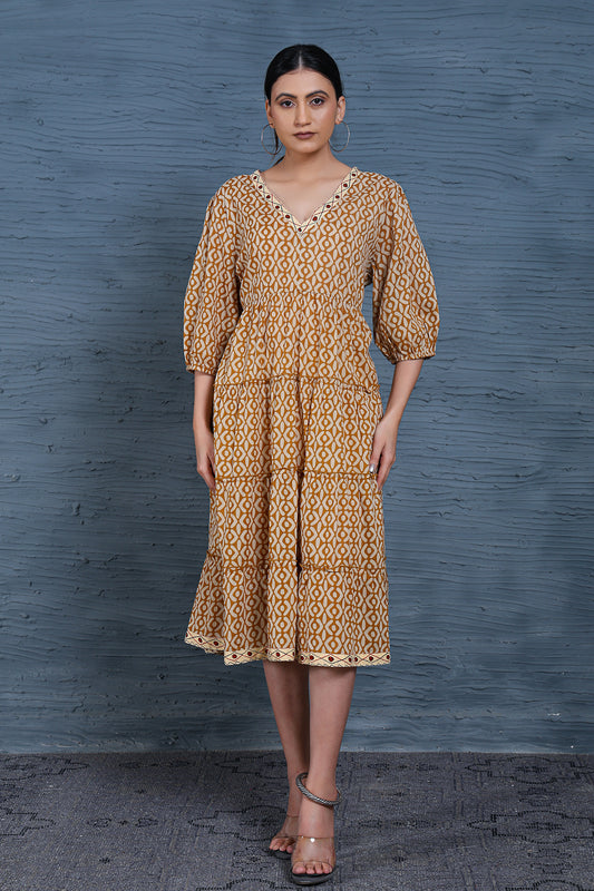 Luxe Three Fourth Sleeve Beige Printed Ruffle Dress