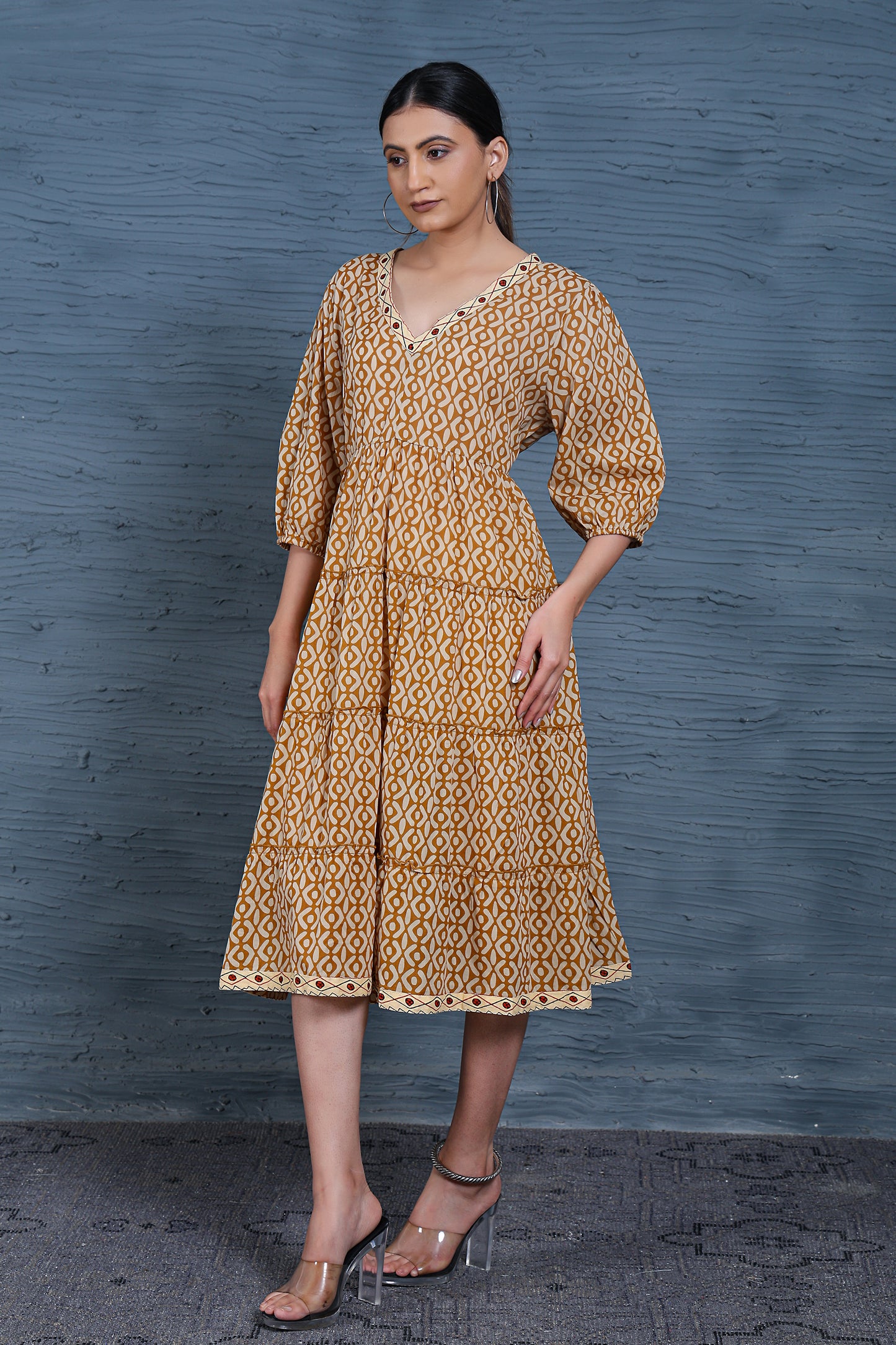 Luxe Three Fourth Sleeve Beige Printed Ruffle Dress