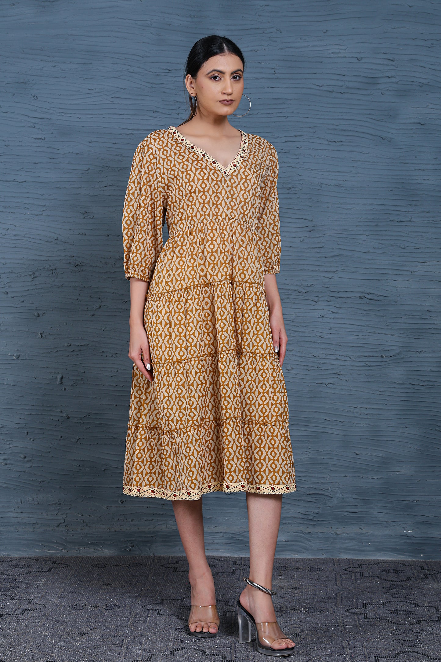 Luxe Three Fourth Sleeve Beige Printed Ruffle Dress