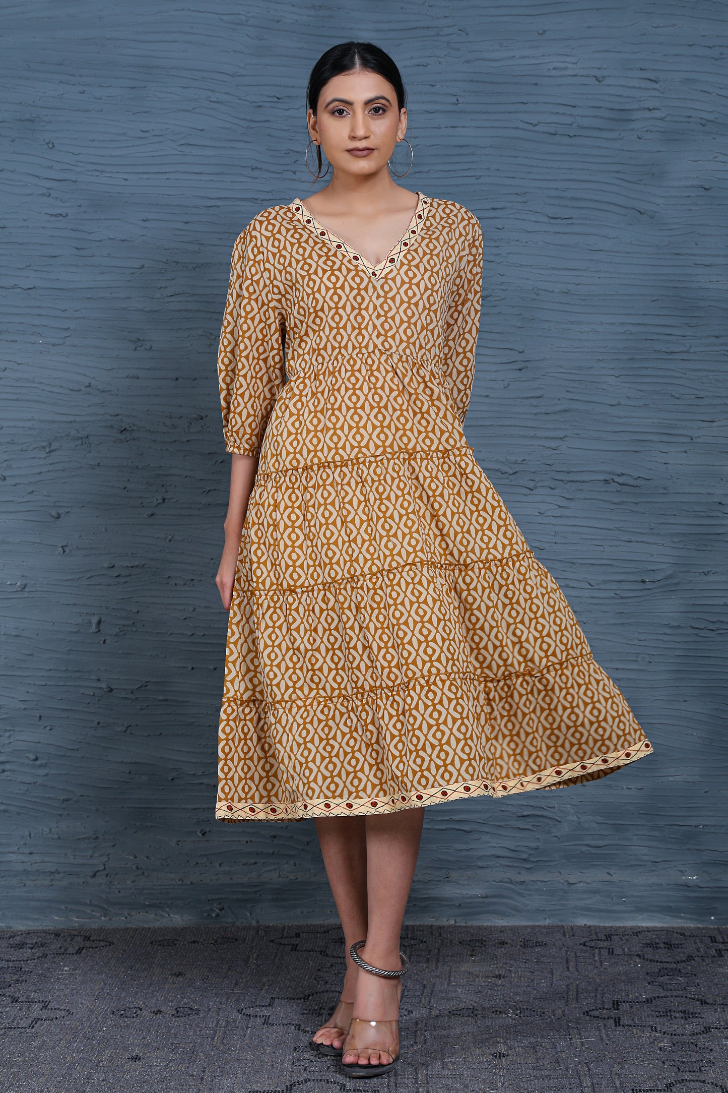 Luxe Three Fourth Sleeve Beige Printed Ruffle Dress