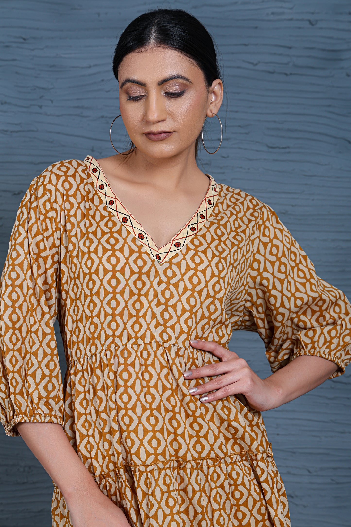 Luxe Three Fourth Sleeve Beige Printed Ruffle Dress