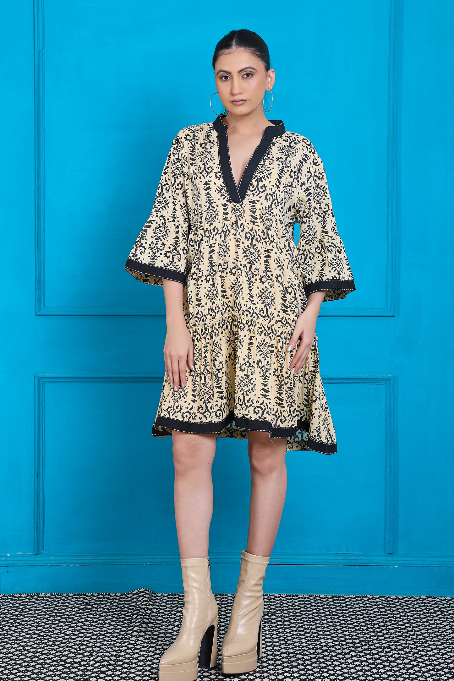 Luxe Three Fourth Sleeve Beige Printed Short Dress