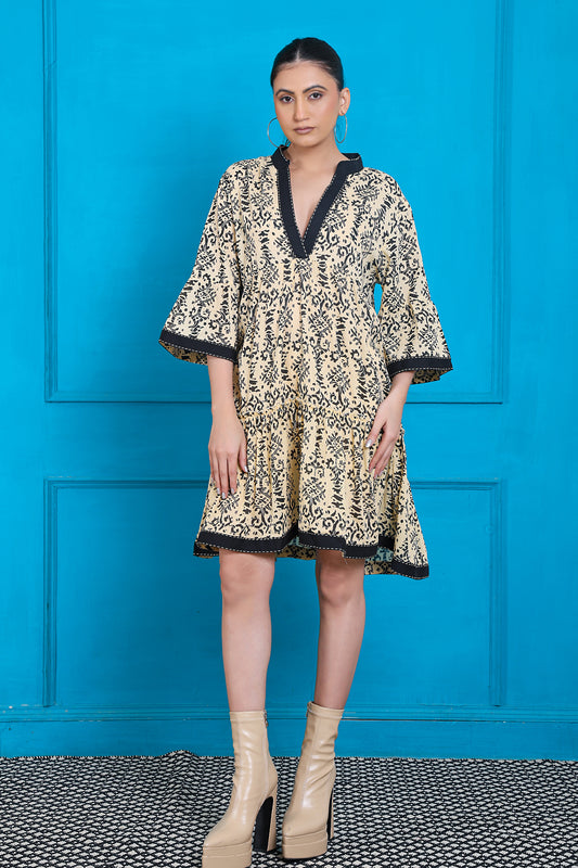 Luxe Three Fourth Sleeve Beige Printed Short Dress