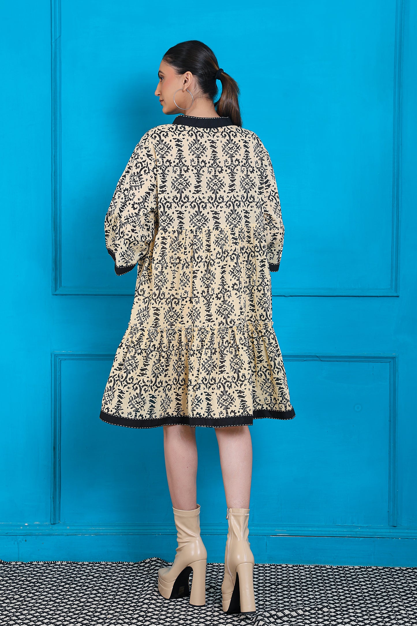 Luxe Three Fourth Sleeve Beige Printed Short Dress