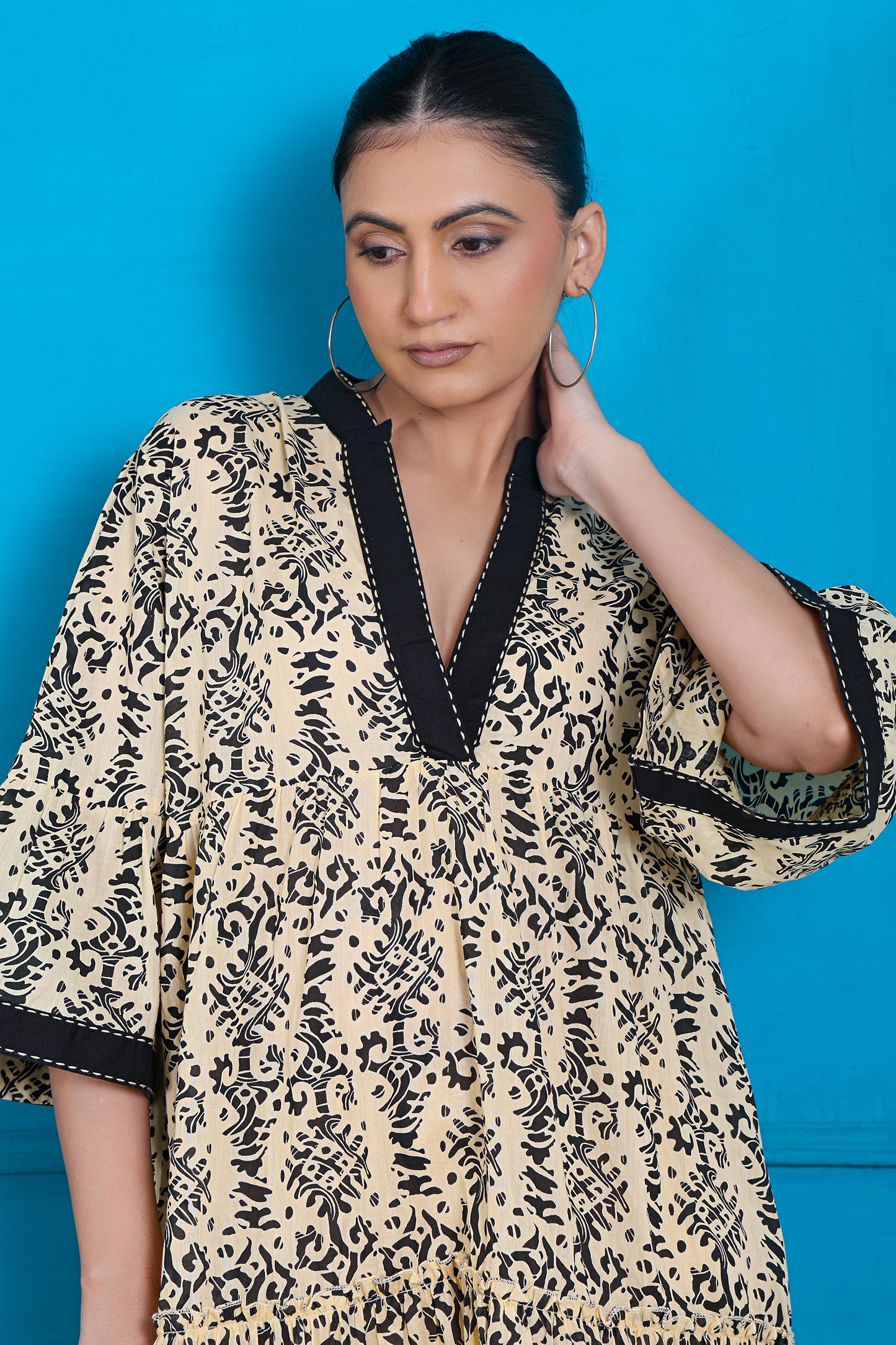 Luxe Three Fourth Sleeve Beige Printed Short Dress