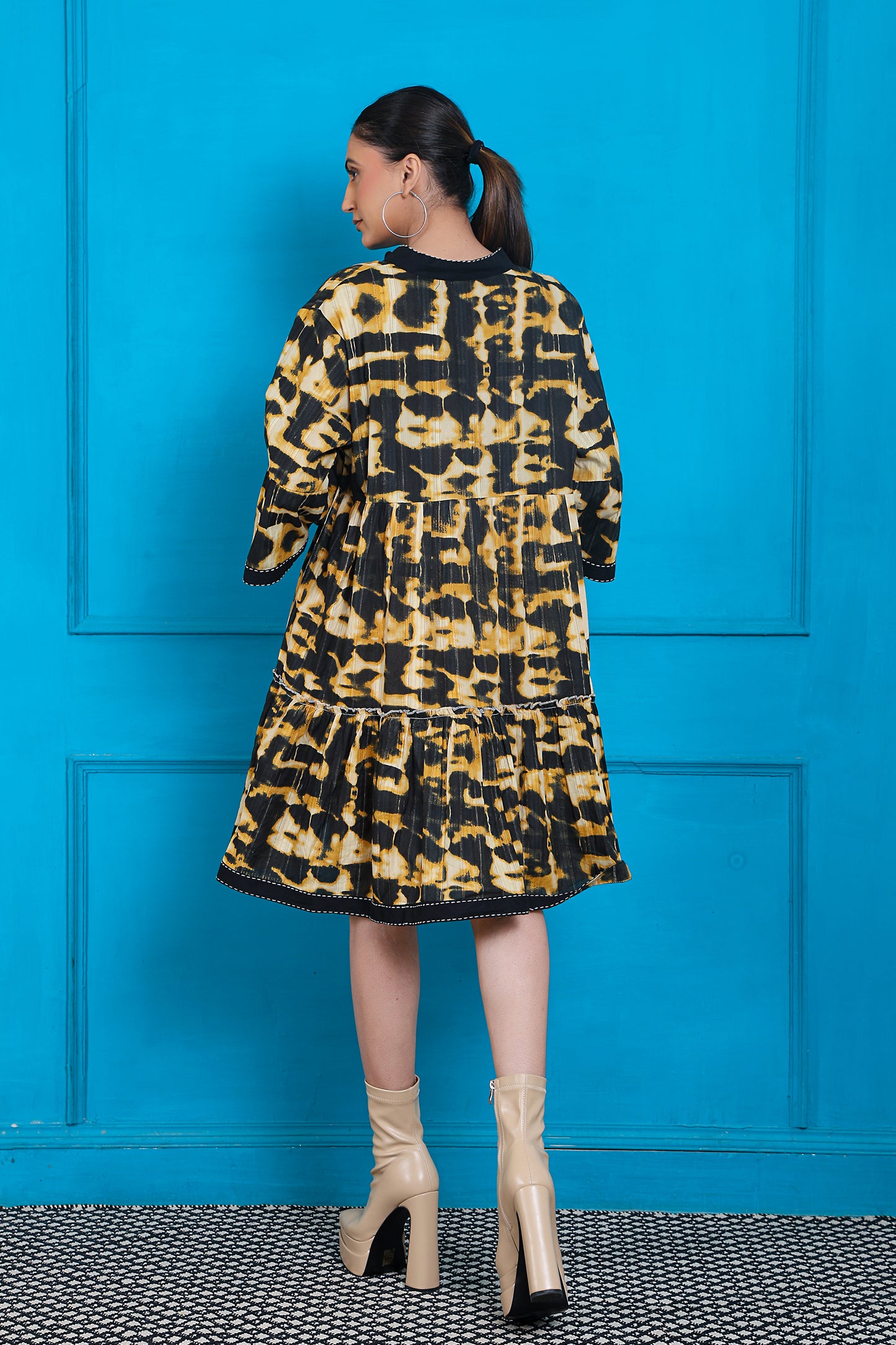 Luxe Three Fourth Sleeve Black Printed Short Dress