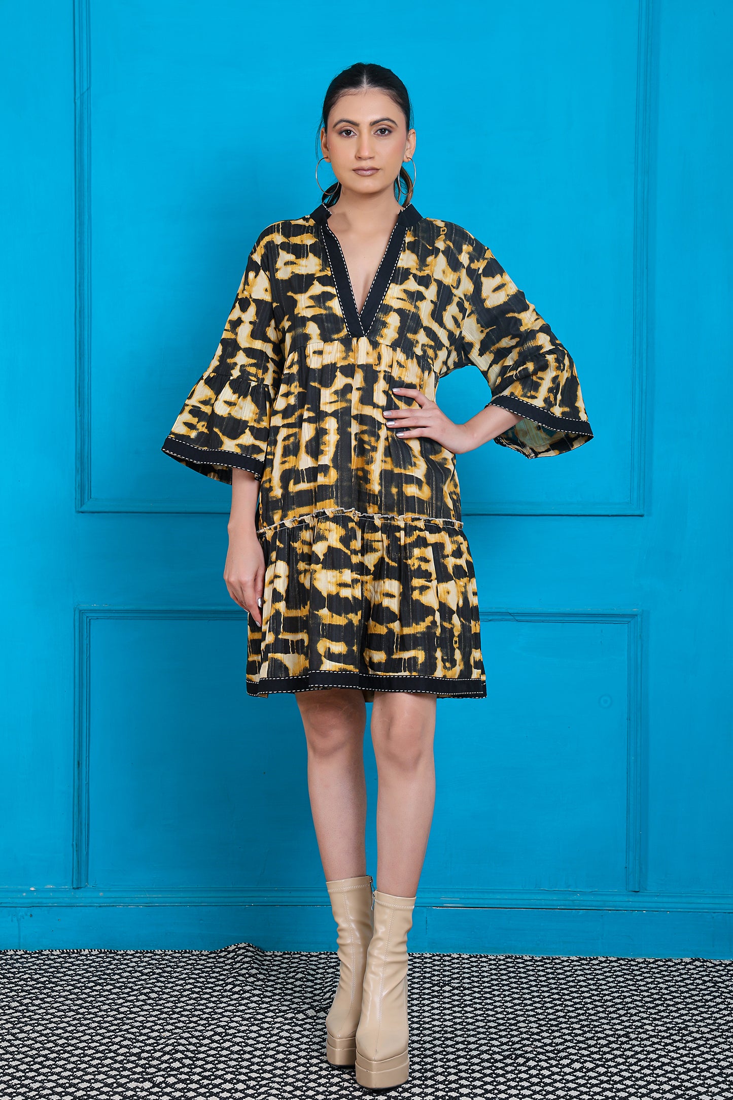 Luxe Three Fourth Sleeve Black Printed Short Dress