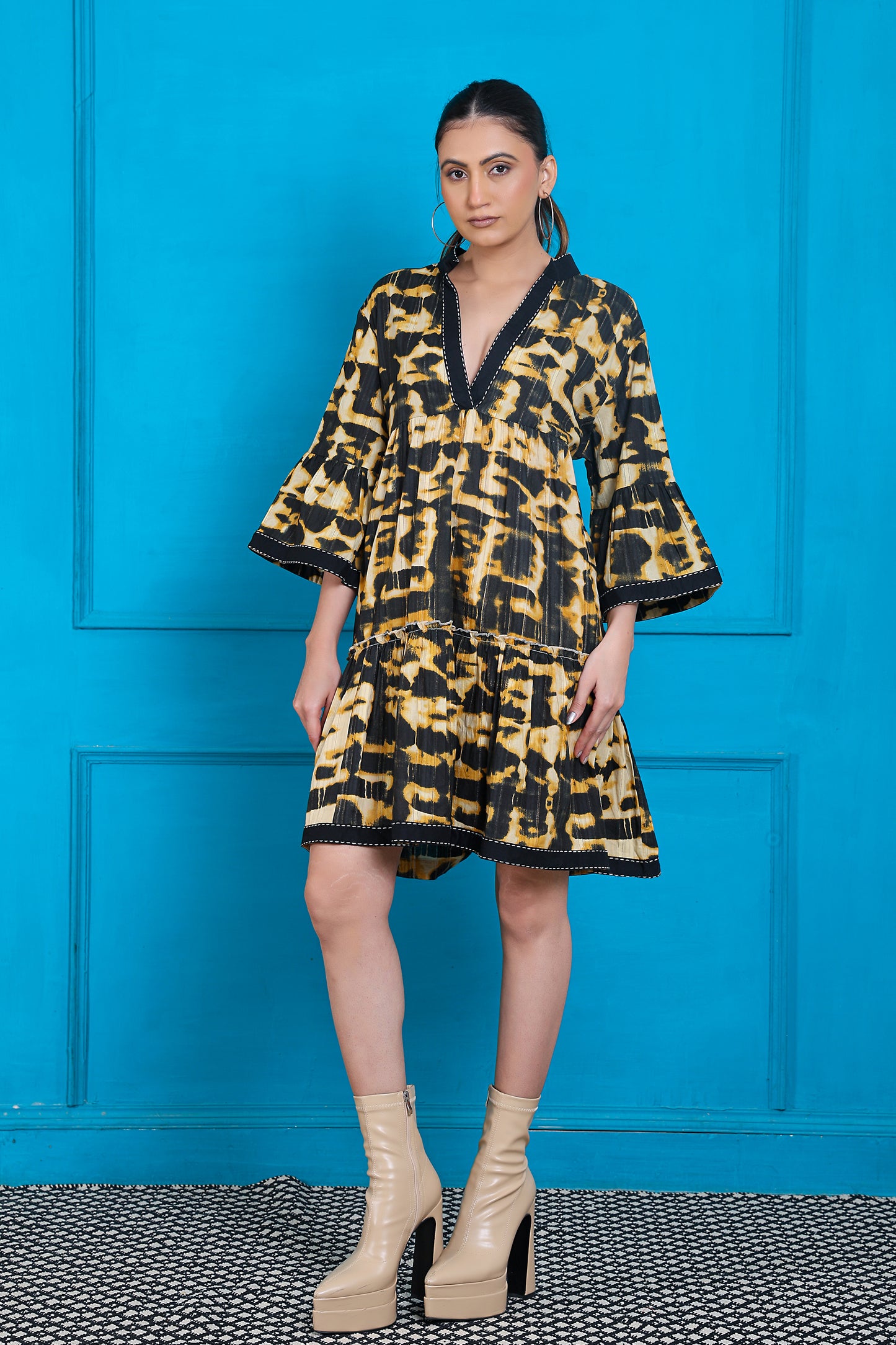 Luxe Three Fourth Sleeve Black Printed Short Dress