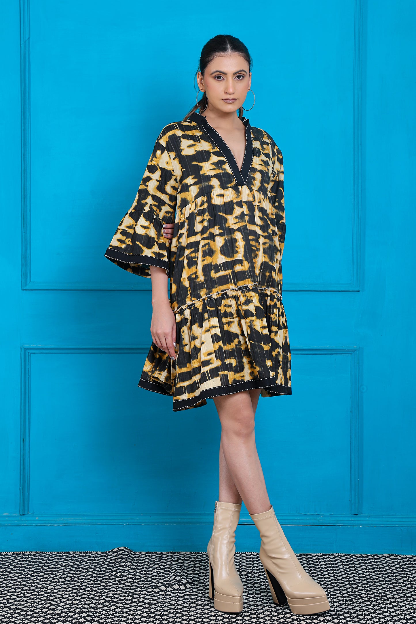 Luxe Three Fourth Sleeve Black Printed Short Dress