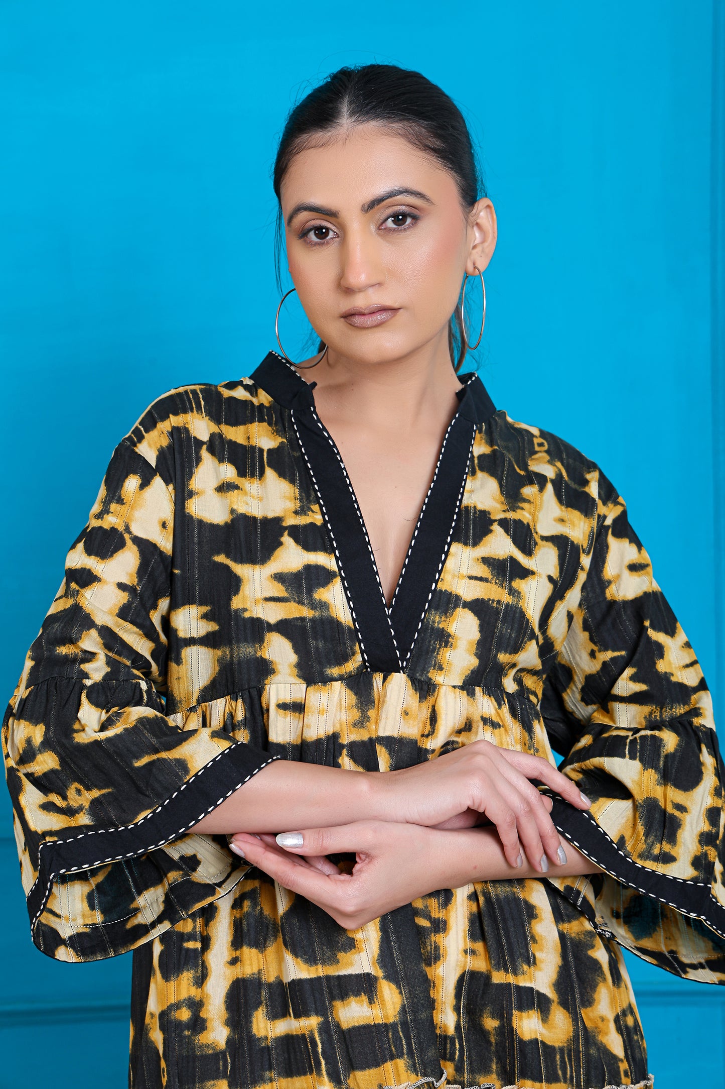 Luxe Three Fourth Sleeve Black Printed Short Dress