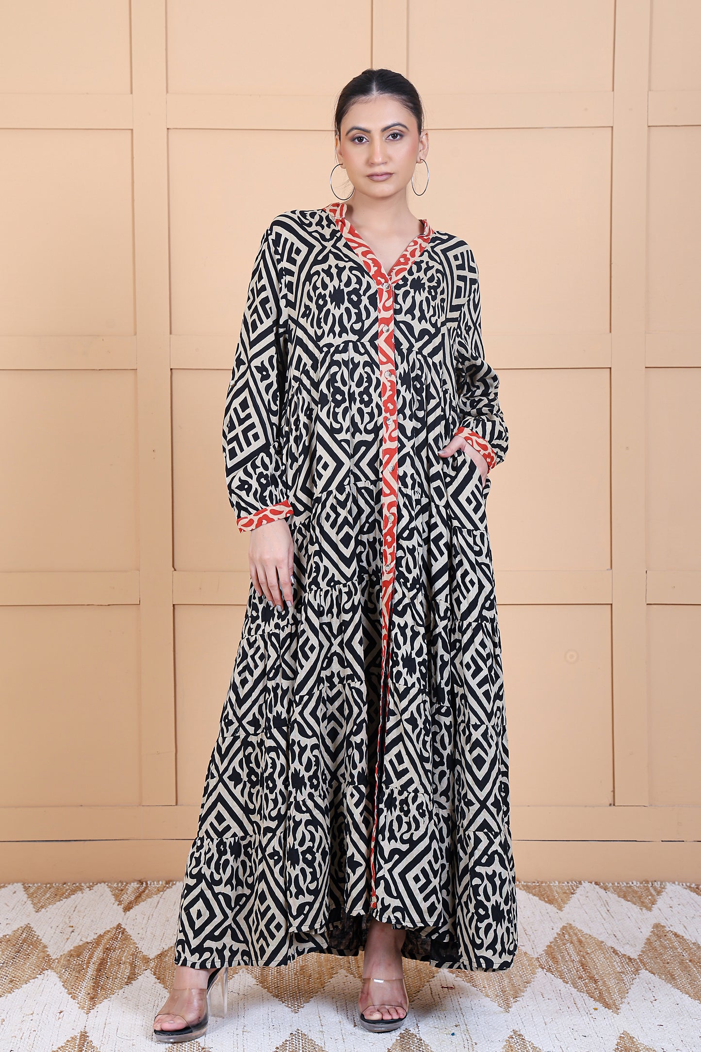 Luxe Full Sleeve Black Printed Long Dress