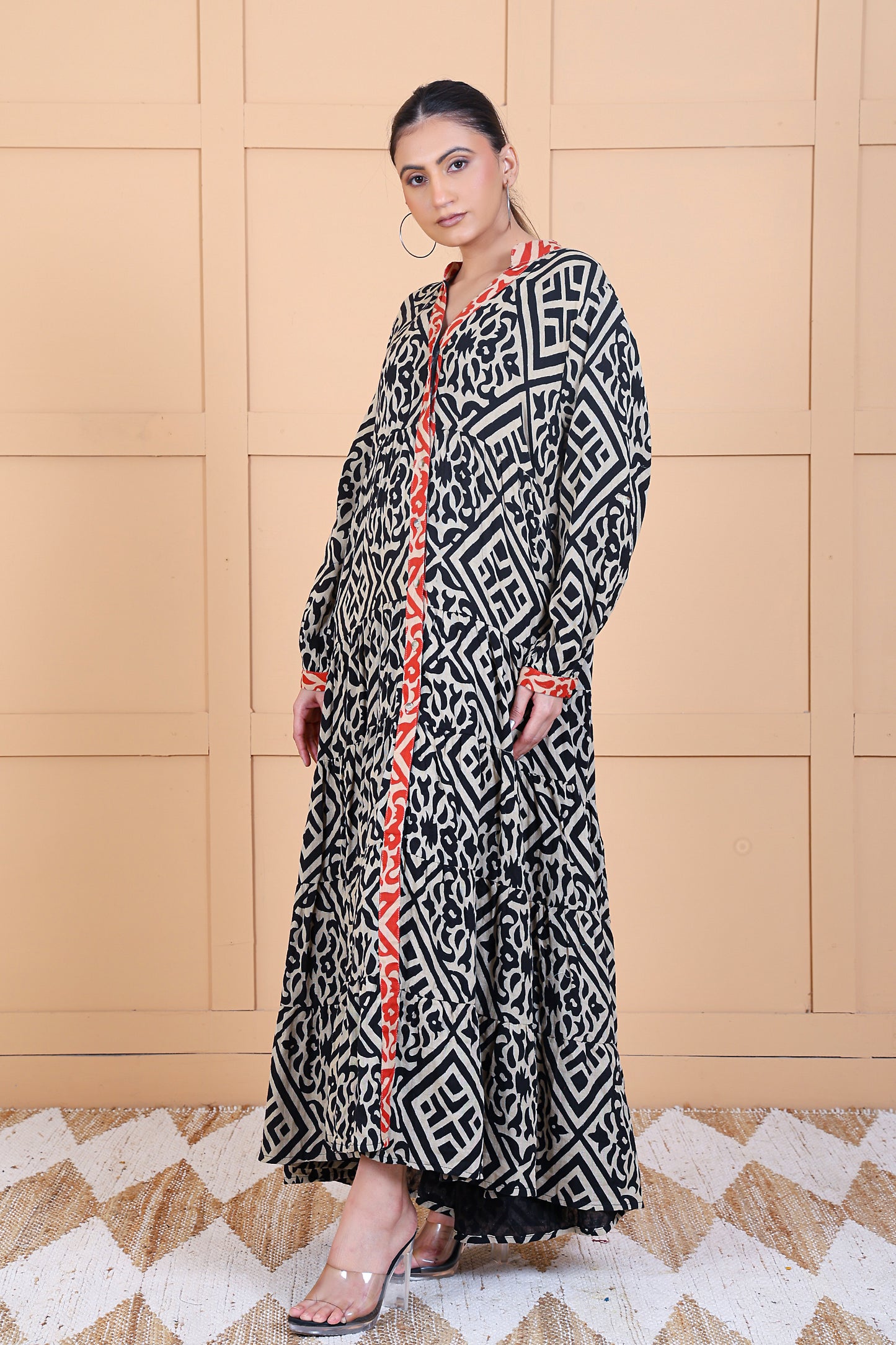 Luxe Full Sleeve Black Printed Long Dress