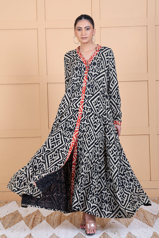 Luxe Full Sleeve Black Printed Long Dress