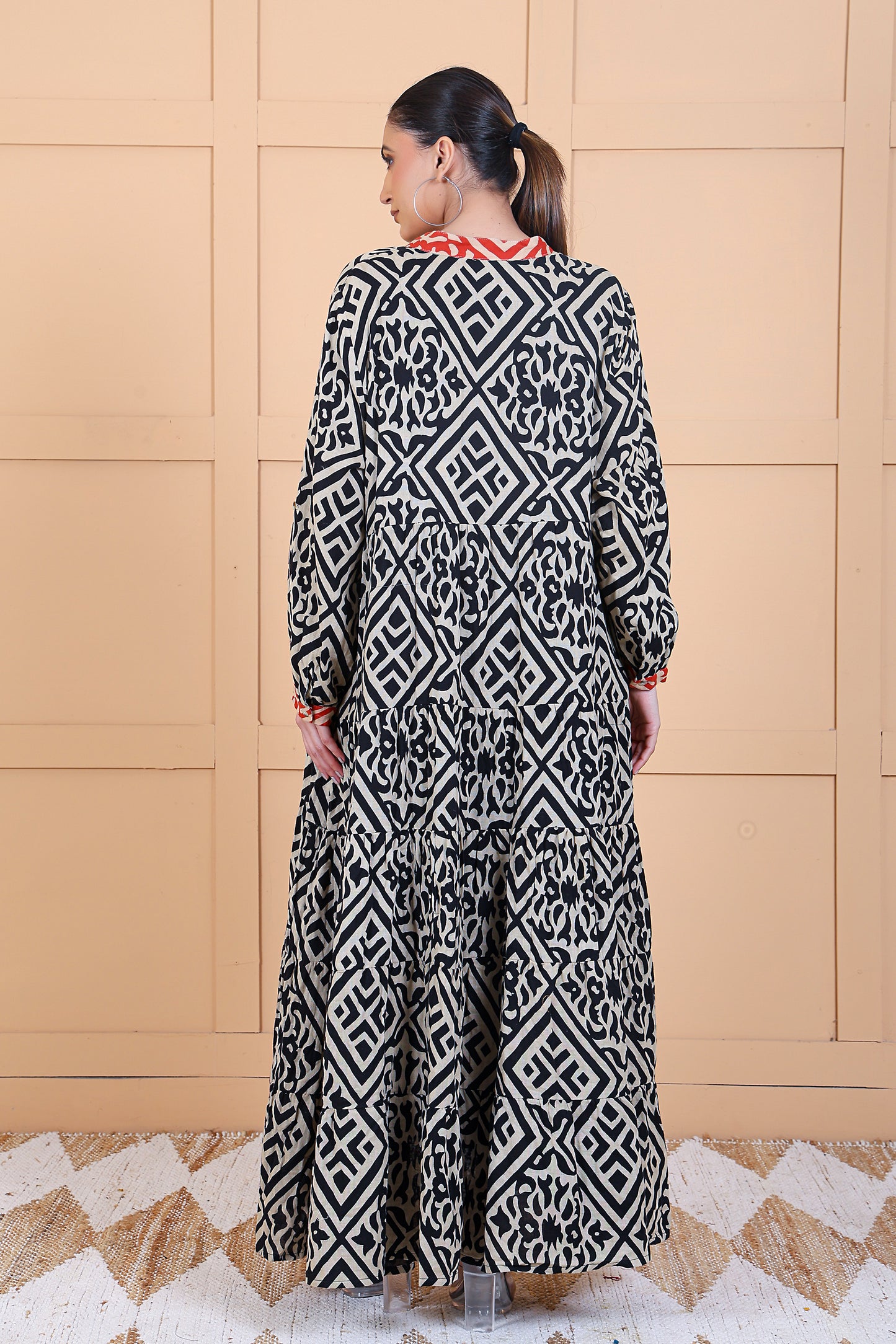 Luxe Full Sleeve Black Printed Long Dress