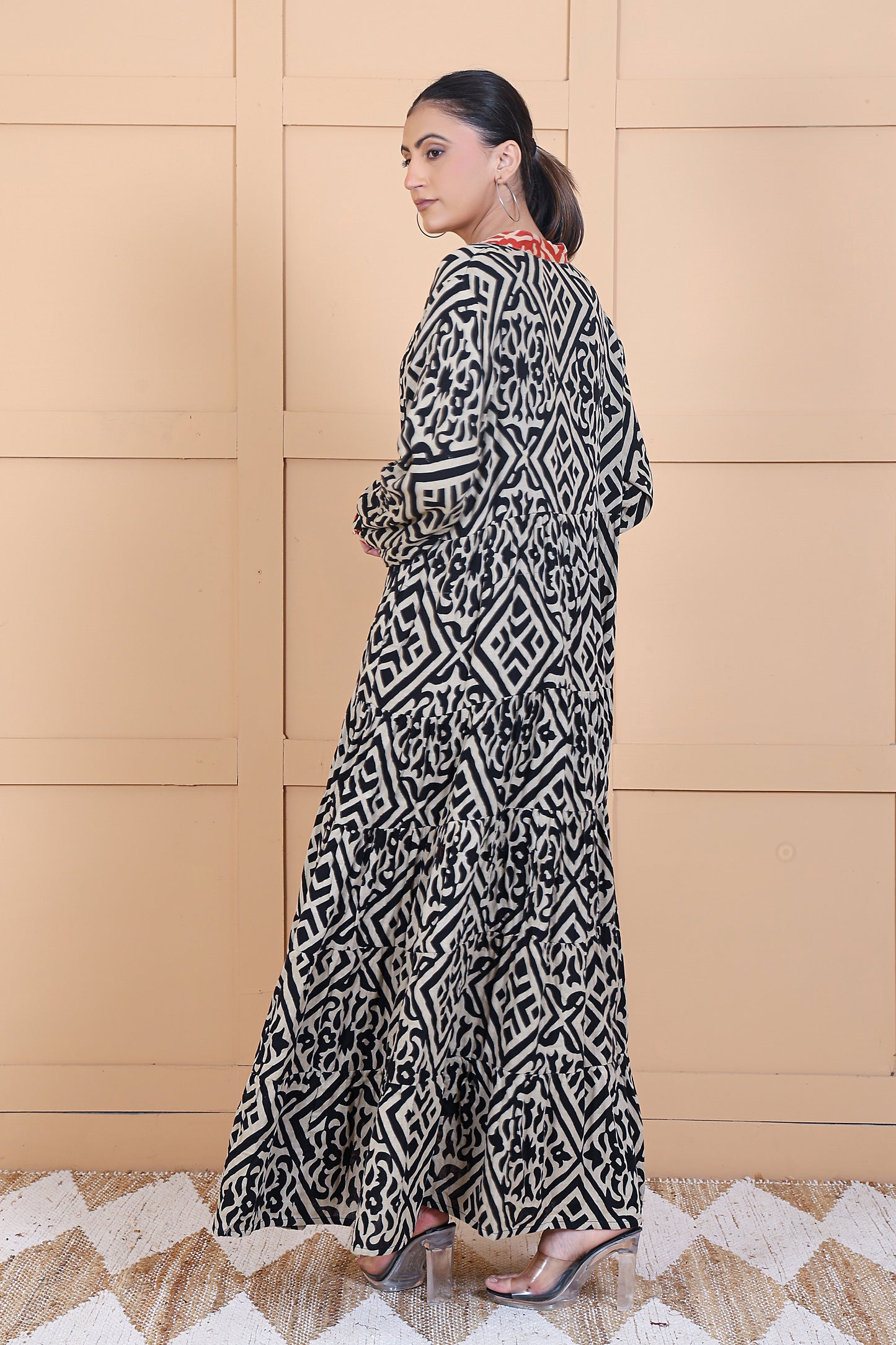 Luxe Full Sleeve Black Printed Long Dress