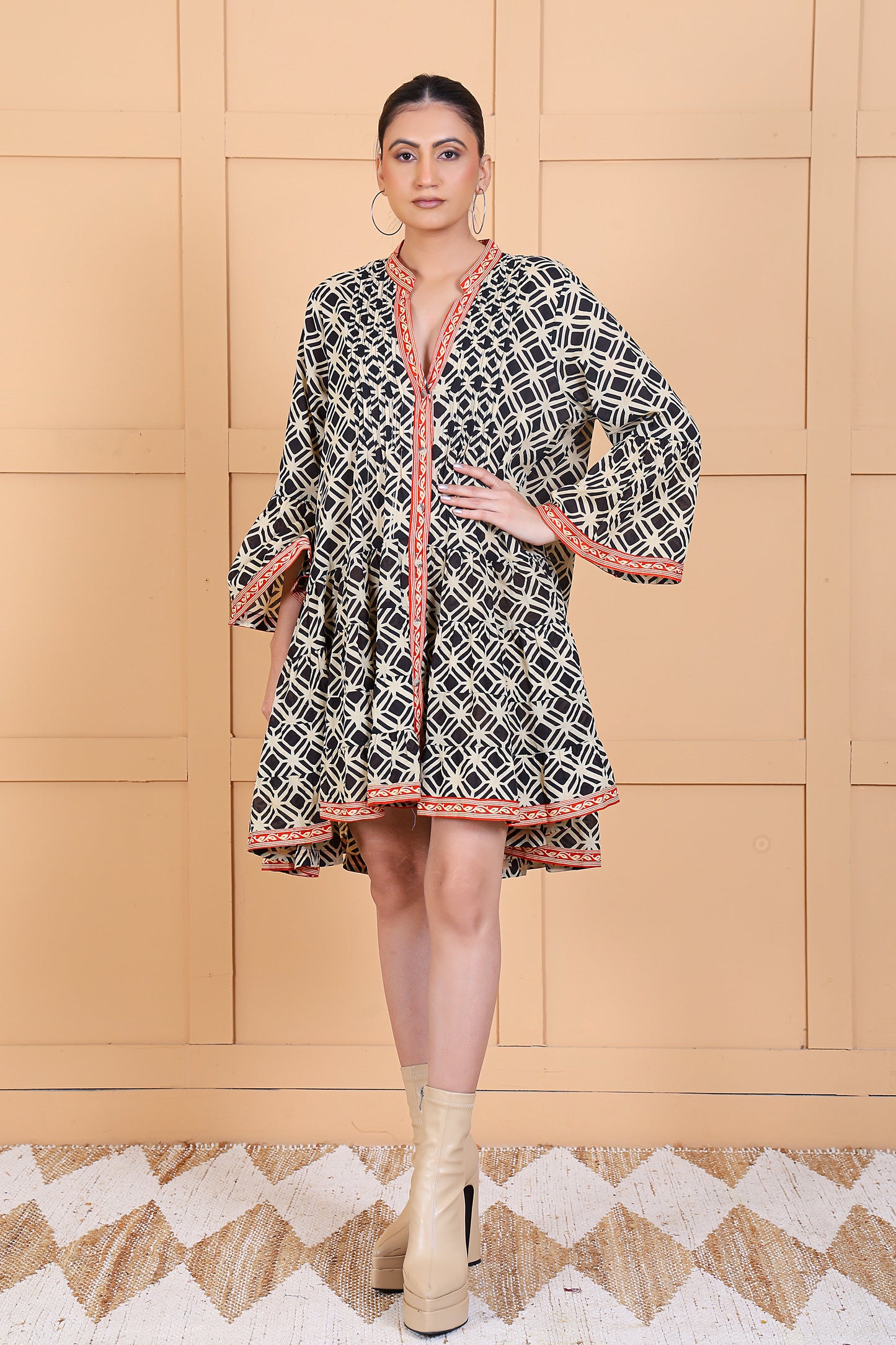 Luxe Full Sleeve Black Printed Pintuck Short Dress