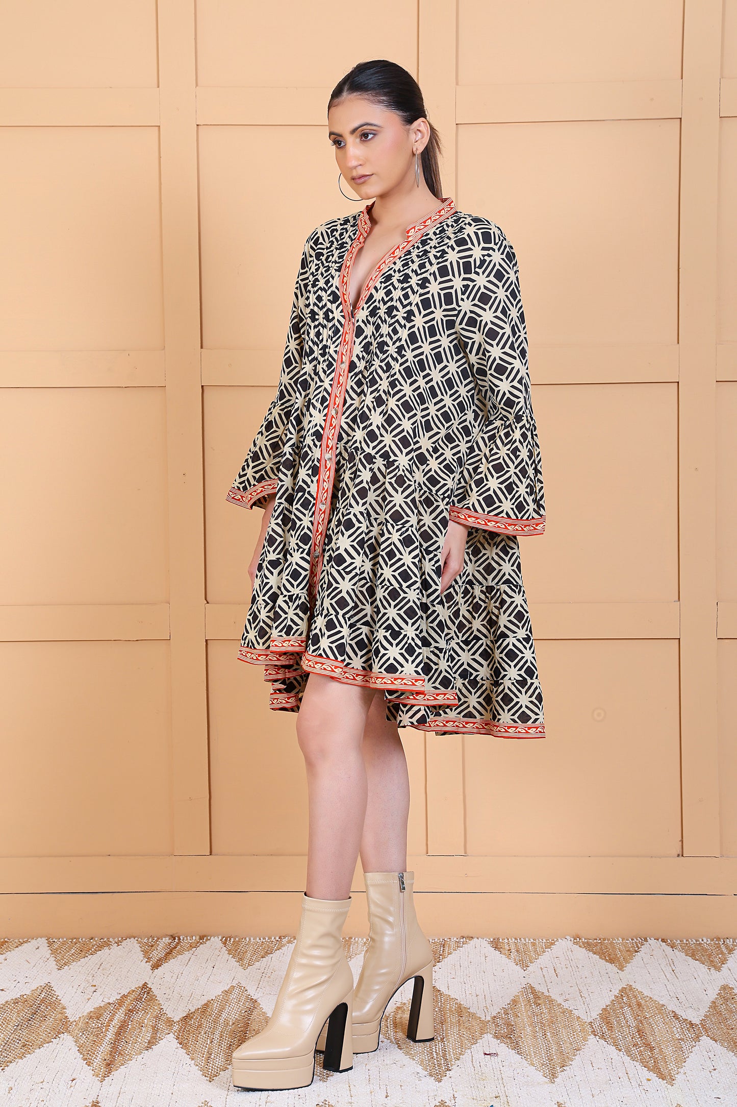 Luxe Full Sleeve Black Printed Pintuck Short Dress