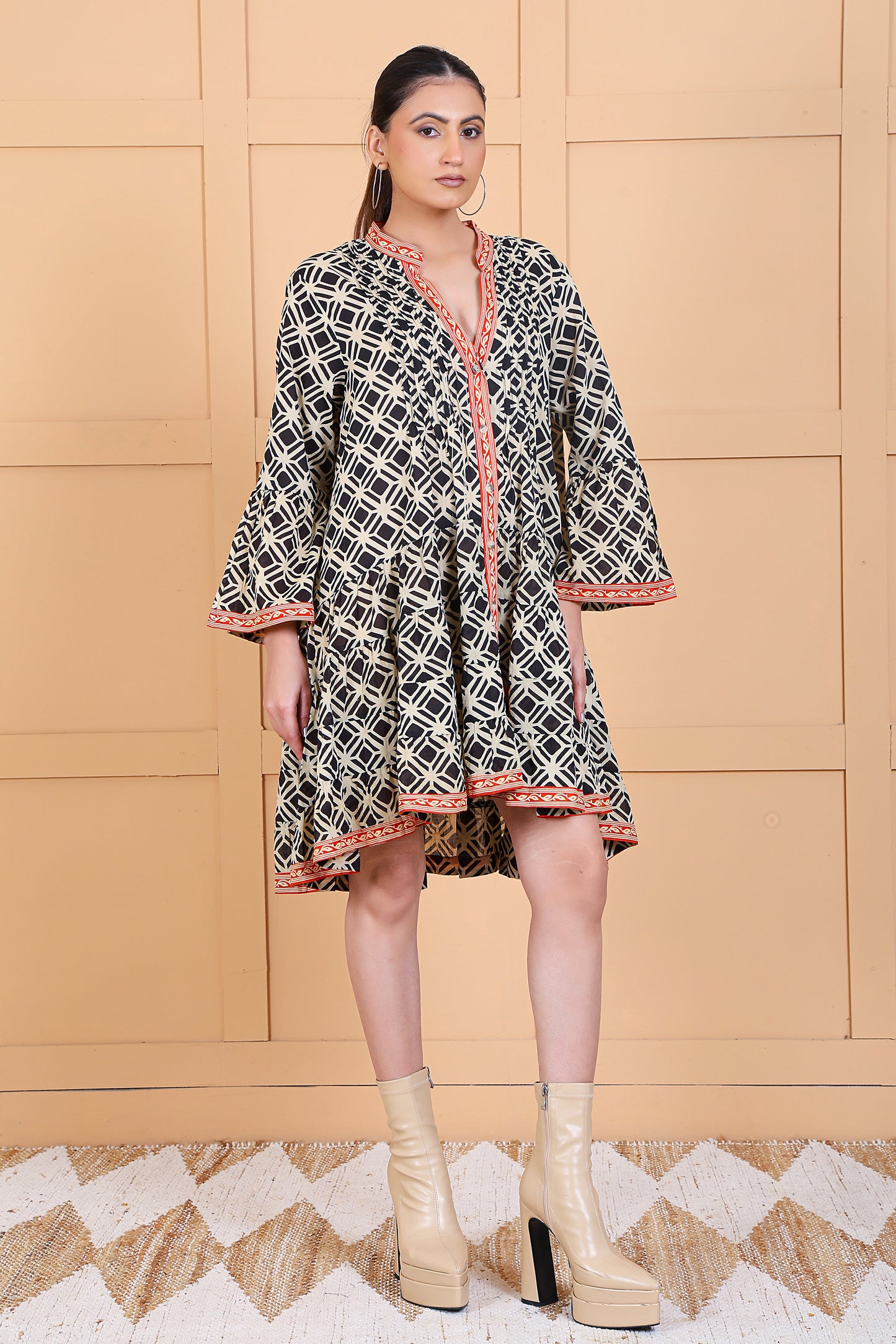 Luxe Full Sleeve Black Printed Pintuck Short Dress