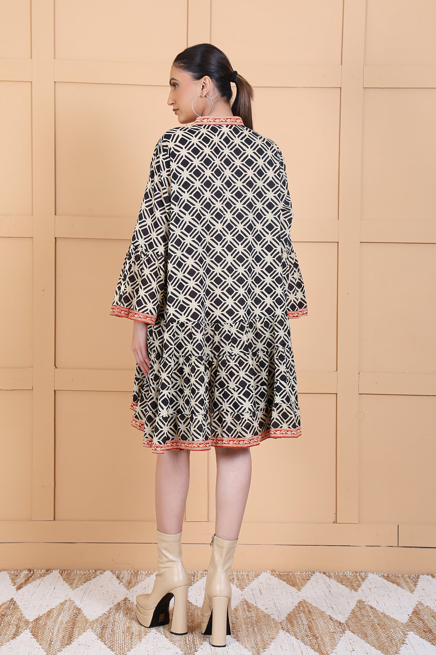 Luxe Full Sleeve Black Printed Pintuck Short Dress