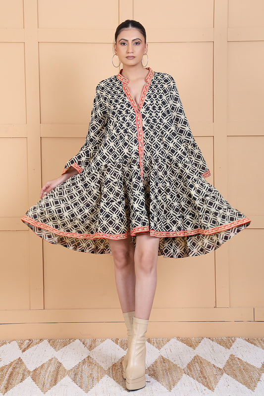 Luxe Full Sleeve Black Printed Pintuck Short Dress