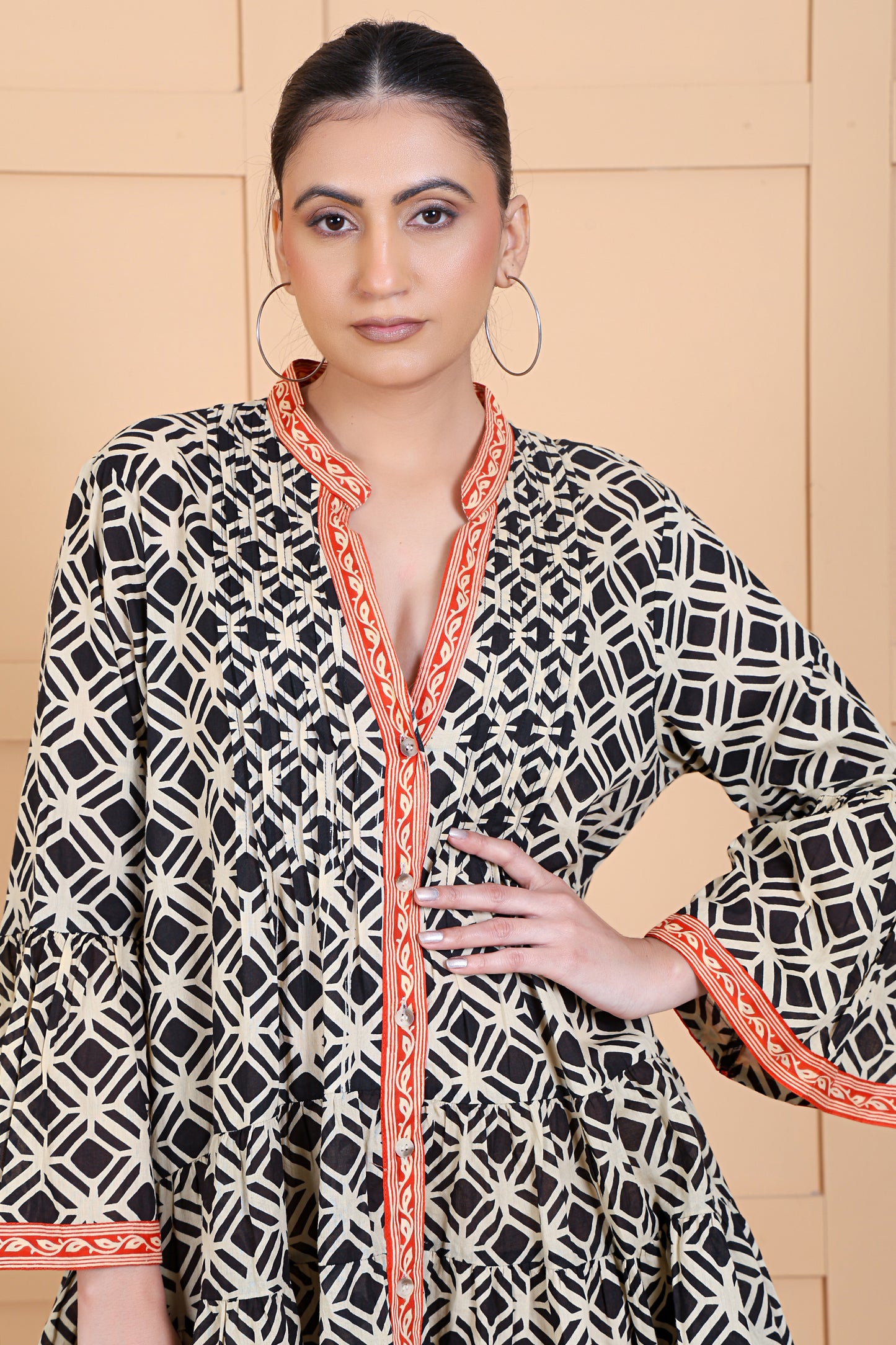 Luxe Full Sleeve Black Printed Pintuck Short Dress