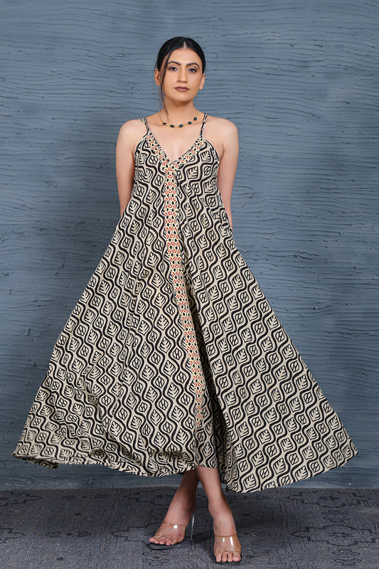 Luxe Sleeve Less Black Printed Long Dress