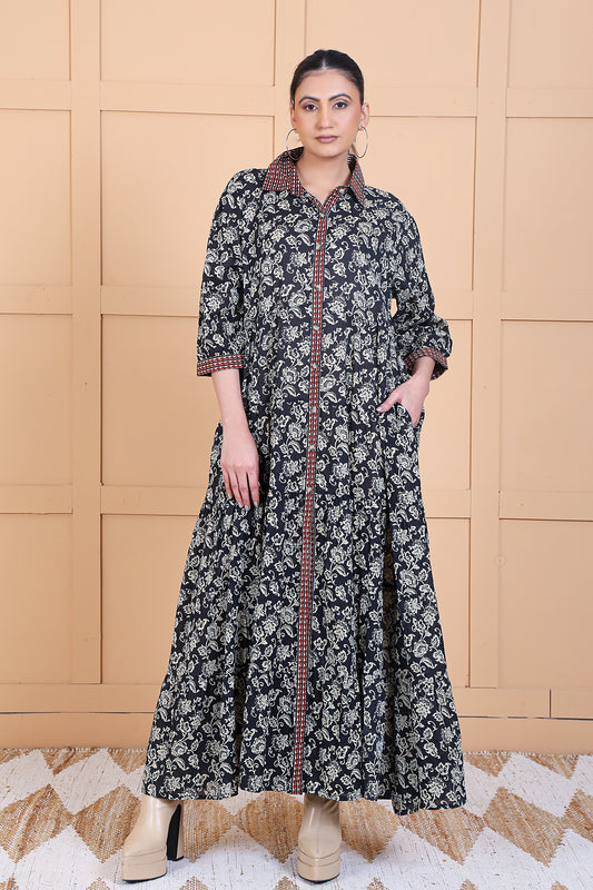 Luxe Three Fourth Sleeve Black Printed long dress