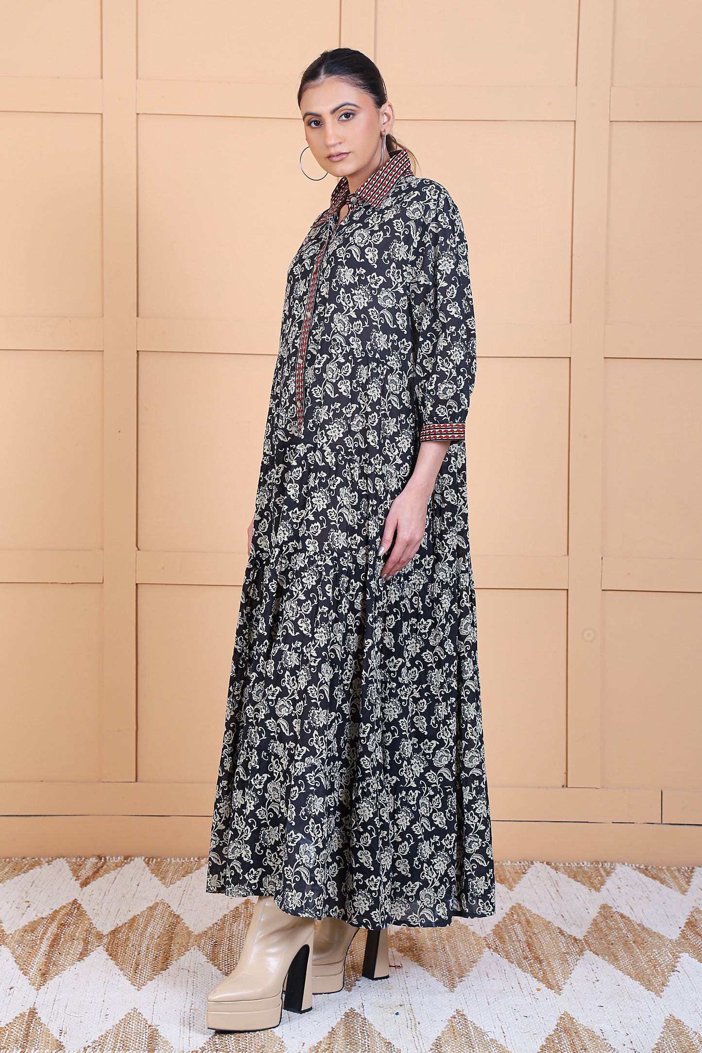 Luxe Three Fourth Sleeve Black Printed long dress